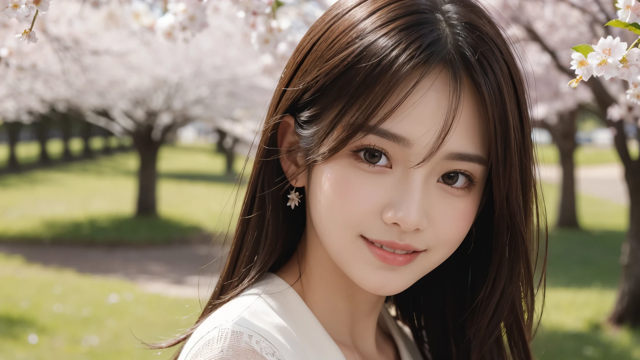 masterpiece, Best Quality, Photorealistic, Ultra-detailed, finely detailed, High resolution, 8K Wallpaper, 1 beautiful woman, light brown messy hair, foco nítido, Perfect dynamic composition, Beautiful detailed eyes, detailed hairs, Detailed realistic skin texture, Smiling, Close-up portrait, Model body type, Take a walk in the park with cherry blossoms,