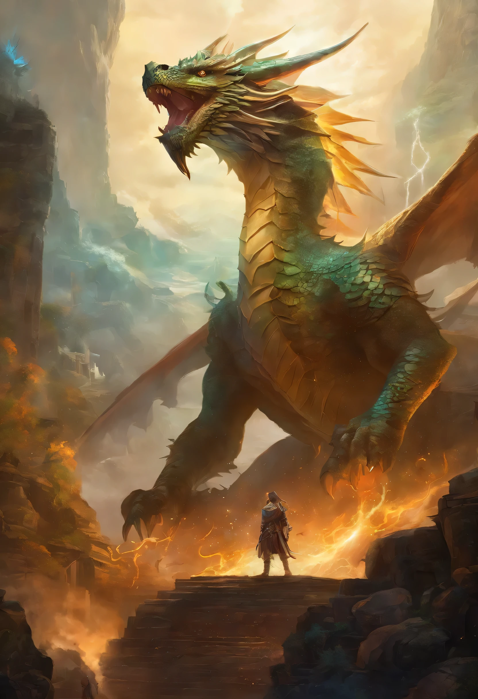 There is a big dragon with a huge head and a huge body, epic fantasy card game art, highly detailed fantasy art, detailed digital 2d fantasy art, epic fantasy artwork, detailed fantasy art, epic fantasty card game art, Dungeons&Dragons Fantasy Art, hyperrealistic d & d fantasy art, symmetrical spectacular fantasy art, cyborg dragon portrait