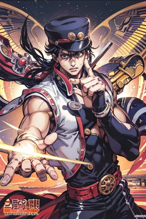 (manga magazine cover:Weekly Shonen Jump), pen drawing style, Strong pen hatching, HD 8K, rich plot, complex background, Rich details of characters, 「Jojos bizarre adventure」image of, high level perspective, Streets of Egypt, Pyramids, sphinx, rich atmosphere, strong summer sunlight, vivid galaxy, Jotaro, pointing finger at the viewer, perfect five fingers, powerful guardian spirit, Strong three-dimensional effect, vivid character expression, bright letter shapes, Perfect scene details, And the overall style is strong and vibrant.