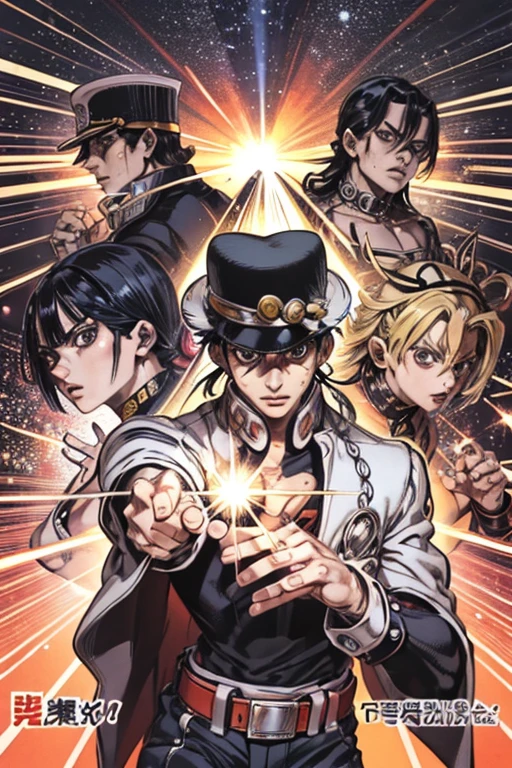 (manga magazine cover:Weekly Shonen Jump), pen drawing style, Strong pen hatching, HD 8K, rich plot, complex background, Rich details of characters, 「Jojos bizarre adventure」image of, high level perspective, Streets of Egypt, Pyramids, sphinx, rich atmosphere, strong summer sunlight, vivid galaxy, Jotaro, pointing finger at the viewer, perfect five fingers, powerful guardian spirit, Strong three-dimensional effect, vivid character expression, bright letter shapes, Perfect scene details, And the overall style is strong and vibrant.