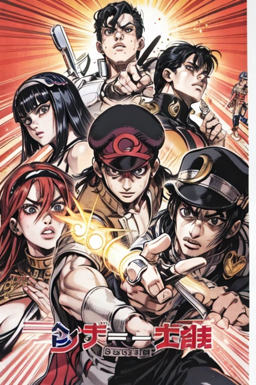 (manga magazine cover:Weekly Shonen Jump), pen drawing style, Strong pen hatching, HD 8K, rich plot, complex background, Rich details of characters, 「Jojos bizarre adventure」image of, high level perspective, Streets of Egypt, Pyramids, sphinx, rich atmosphere, strong summer sunlight, vivid galaxy, Jotaro, pointing finger at the viewer, perfect five fingers, powerful guardian spirit, Strong three-dimensional effect, vivid character expression, bright letter shapes, Perfect scene details, And the overall style is strong and vibrant.