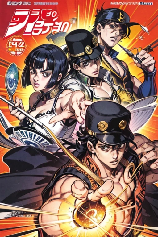 (manga magazine cover:Weekly Shonen Jump), pen drawing style, Strong pen hatching, HD 8K, rich plot, complex background, Rich details of characters, 「Jojos bizarre adventure」image of, high level perspective, Streets of Egypt, Pyramids, sphinx, rich atmosphere, strong summer sunlight, vivid galaxy, Jotaro, pointing finger at the viewer, perfect five fingers, powerful guardian spirit, Strong three-dimensional effect, vivid character expression, bright letter shapes, Perfect scene details, And the overall style is strong and vibrant.