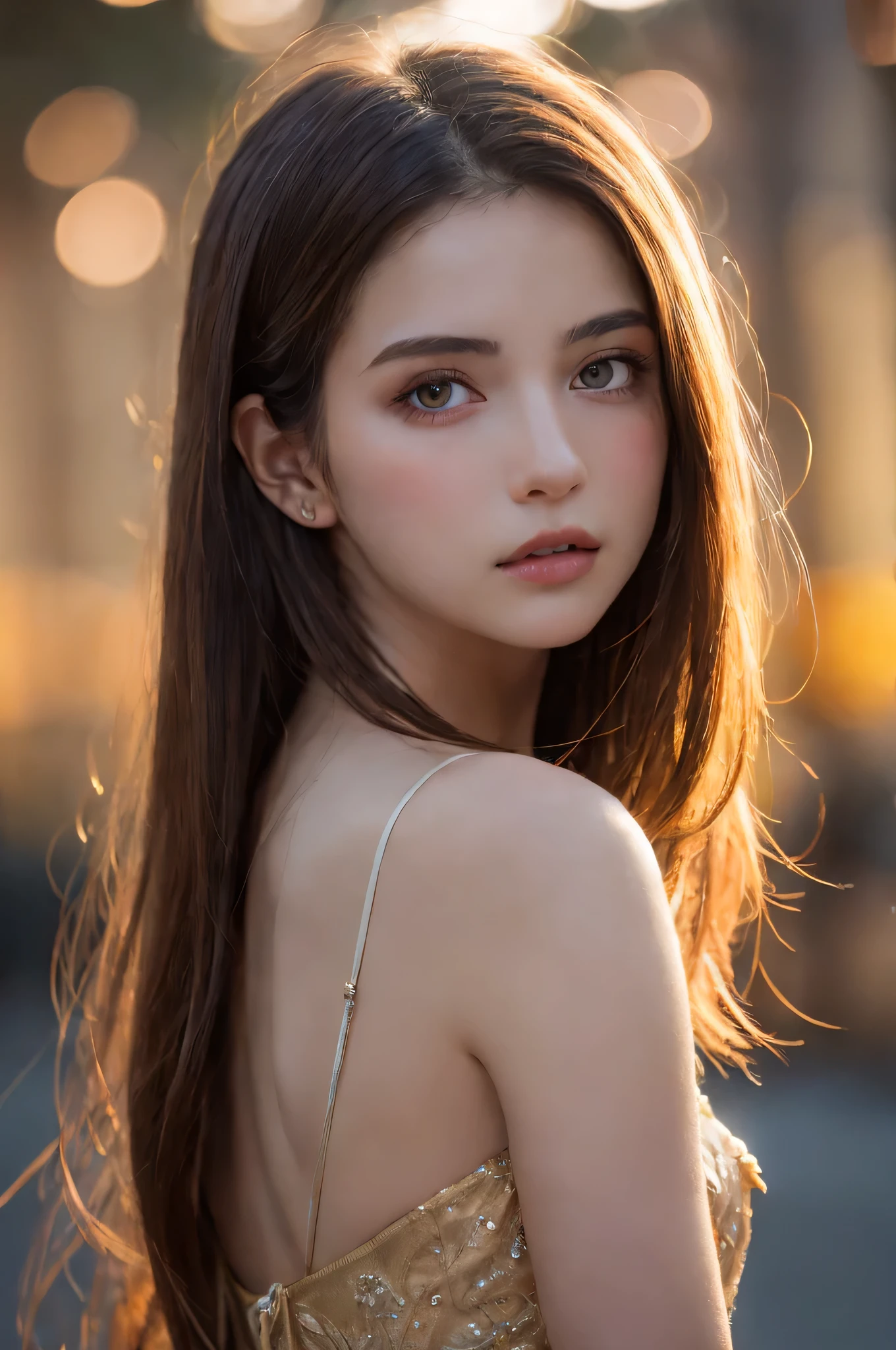 (best quality), (ultra-detailed), (llustration), (detailed light), (an extremely delicate and beautiful), 1young girl, long hair, brown hair, brown eyes, model, Enchanting, Sublime, Ethereal, Sorrow, confusion, best quality, fantastic, extremely detailed CG unified 8k wallpaper, High-definition raw color photos, professional photograpy, (((Bokeh))), twilight, Golden hour, Backlighting, depth of fields,