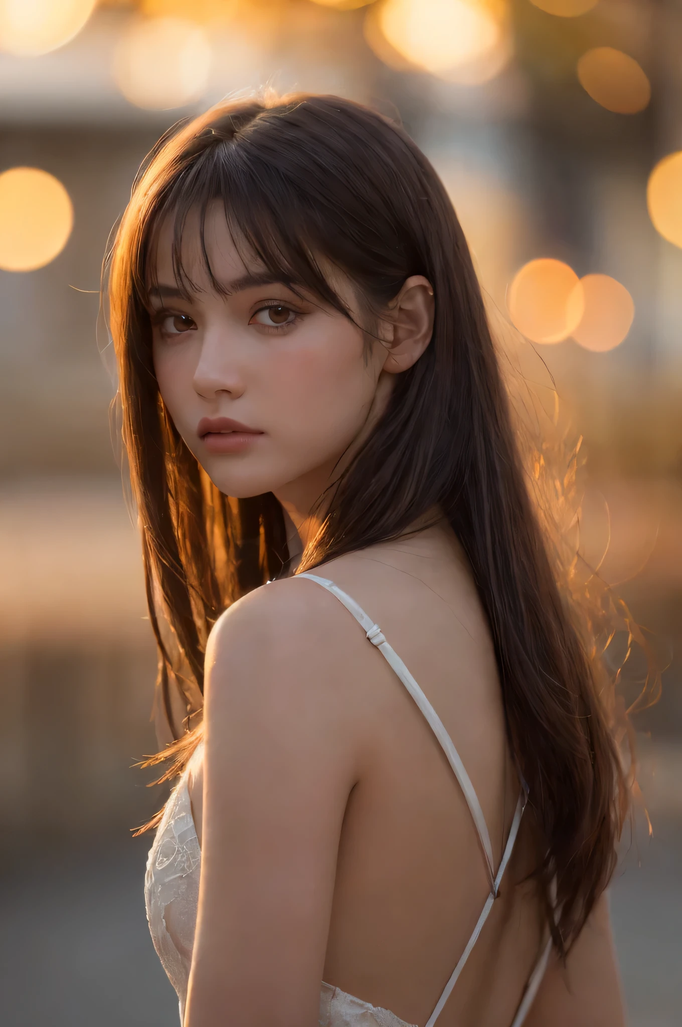(best quality), (ultra-detailed), (llustration), (detailed light), (an extremely delicate and beautiful), 1ung girl, long hair, brown hair, brown eyes, model, Enchanting, Sublime, Ethereal, Sorrow, confusion, best quality, fantastic, extremely detailed CG unified 8k wallpaper, High-definition raw color photos, professional photograpy, (((Bokeh))), twilight, Golden hour, Backlighting, depth of fields,