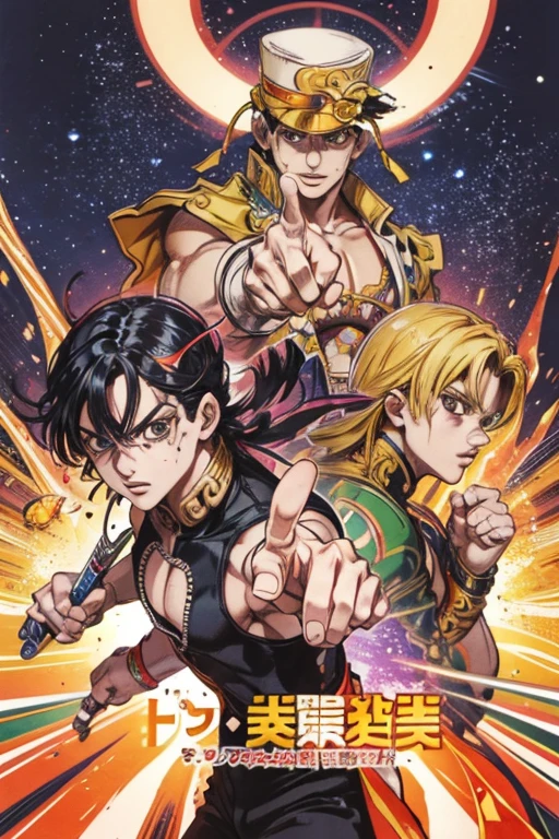 (manga magazine cover:Weekly Shonen Jump), pen drawing style, Strong pen hatching, HD 8K, rich plot, complex background, Rich details of characters, 「Jojos bizarre adventure」image of, high level perspective, Streets of Egypt, Pyramids, sphinx, rich atmosphere, strong summer sunlight, vivid galaxy, Jotaro, pointing finger at the viewer, perfect five fingers, powerful guardian spirit, Strong three-dimensional effect, vivid character expression, bright letter shapes, Perfect scene details, And the overall style is strong and vibrant.