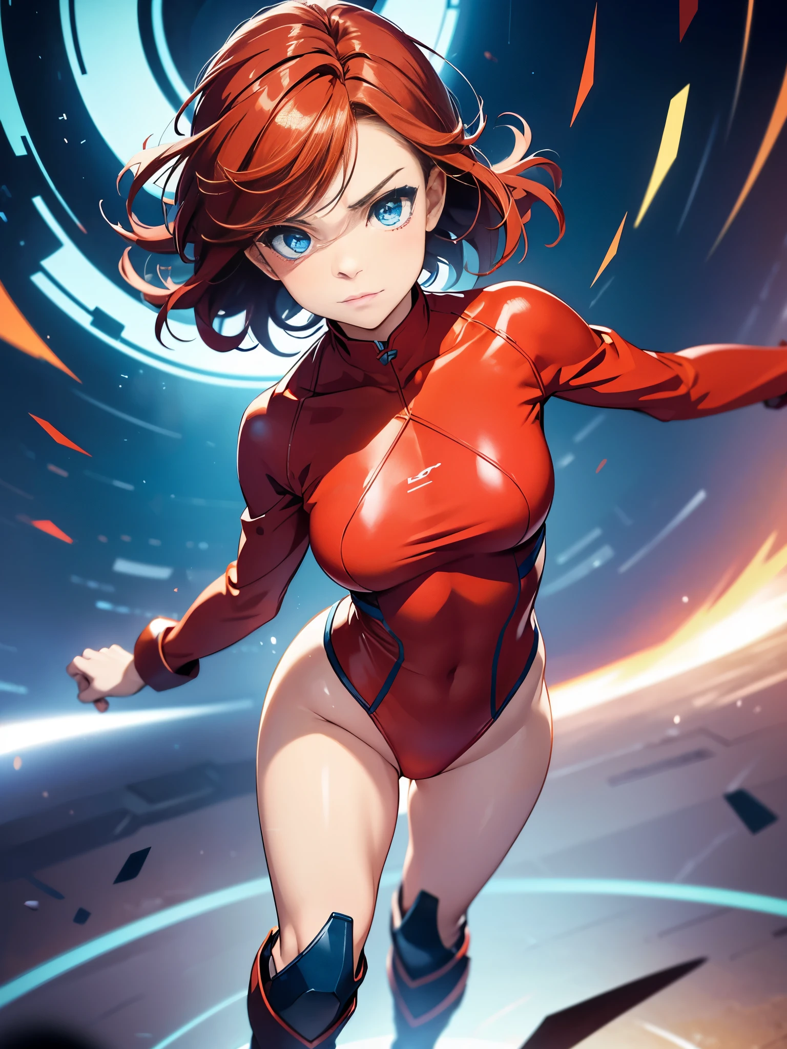 1girl, medium breasts, leotard, red leotard with blue accents, bare legs, boots, matching boots, bracelets, spins fast in place like a tornado, solo, single, standing, full body shot, cowboy shot, beautiful detailed eyes, blue eyes, mature lady, red hair, medium hair, superhero, time warp, spread arms, magic, rapid gyration, super spin