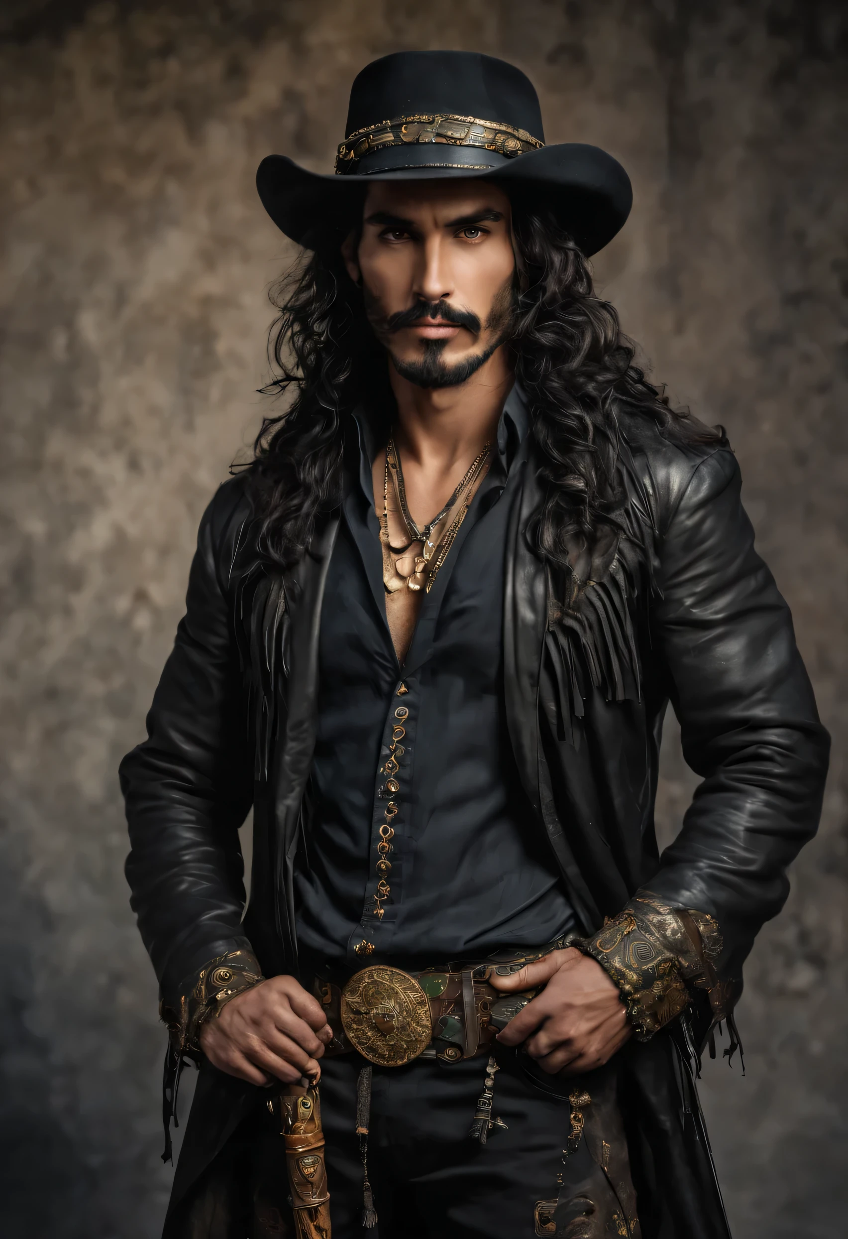 In an atmosphere of mystery and confidence, the tall and slender gypsy commands attention with his long, black hair cascading in gentle curls down to his shoulders. His expressive green eyes capture the essence of his wit, intriguingly contrasting with the darkness of his locks. A carefully trimmed triangular beard adds a touch of charm and assurance. Cloaked in a full black leather ensemble adorned with intricate golden details, he emanates a sense of both ruggedness and refinement. His attire, inspired by the traditional garb of leather-clad gypsies, features a golden headscarf and is complemented by a cowboy hat, lending a touch of Western flair to his overall presence. In his hand, he holds a small sword with dexterity, ready for any challenge. With a masculine and confident expression, the gypsy embodies a magnetic presence, a unique fusion of boldness and grace. The image should depict him in full body, capturing every detail, and should be of high-definition photographic quality.