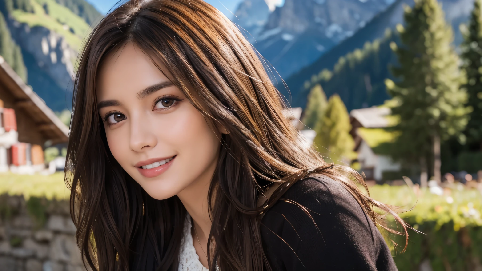 masterpiece, Best Quality, Photorealistic, Ultra-detailed, finely detailed, High resolution, 8K Wallpaper, 1 beautiful woman, light brown messy hair, foco nítido, Perfect dynamic composition, Beautiful detailed eyes, detailed hairs, Detailed realistic skin texture, Smiling, portrait, Model body type, The background is the village of Grindelwald, Switzerland,