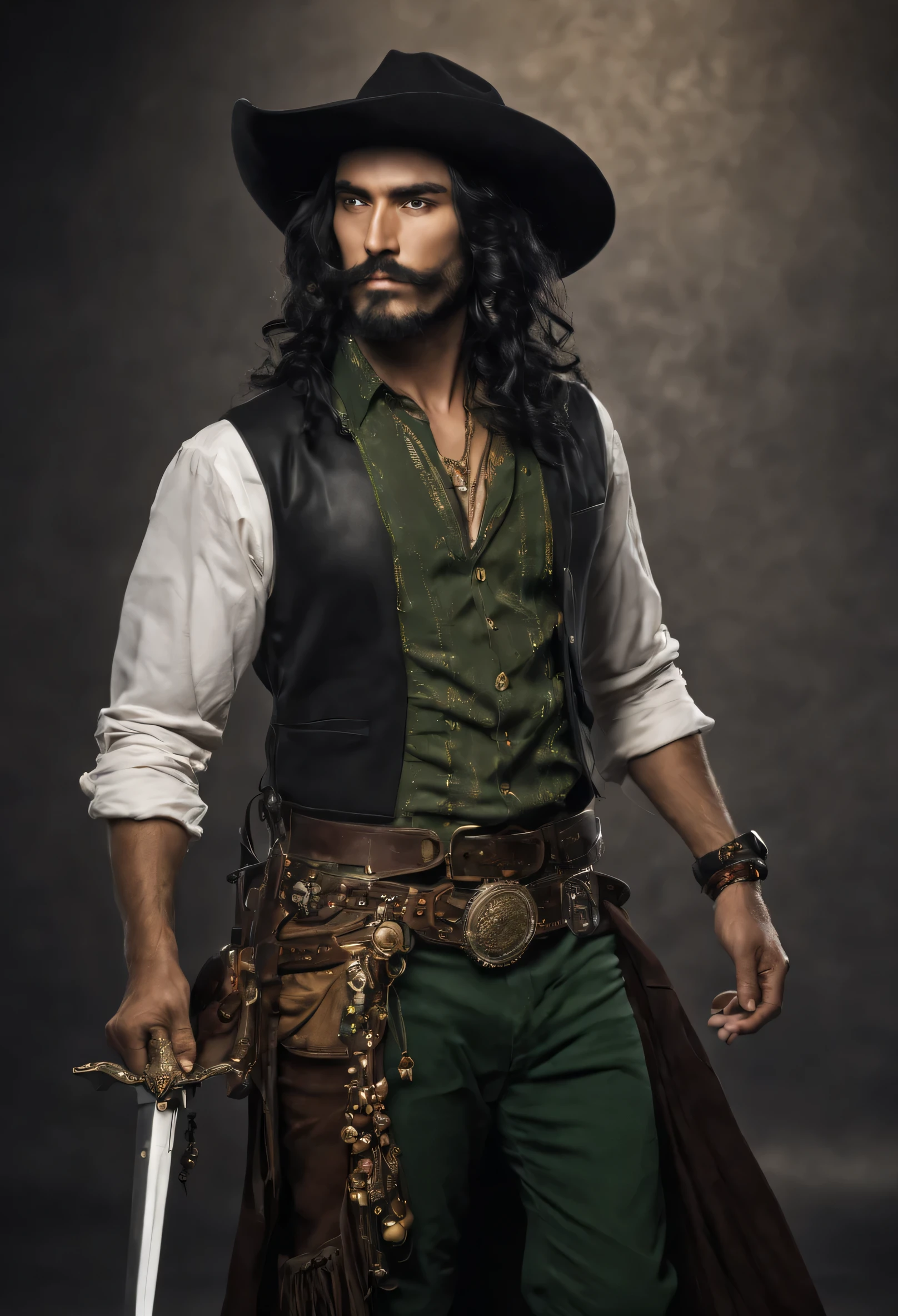 In an atmosphere of mystery and confidence, the tall and slender gypsy commands attention with his long, black hair cascading in gentle curls down to his shoulders. His expressive green eyes capture the essence of his wit, intriguingly contrasting with the darkness of his locks. A carefully trimmed triangular beard adds a touch of charm and assurance. Cloaked in a full black leather ensemble adorned with intricate golden details, he emanates a sense of both ruggedness and refinement. His attire, inspired by the traditional garb of leather-clad gypsies, features a golden headscarf and is complemented by a cowboy hat, lending a touch of Western flair to his overall presence. In his hand, he holds a small sword with dexterity, ready for any challenge. With a masculine and confident expression, the gypsy embodies a magnetic presence, a unique fusion of boldness and grace. The image should depict him in full body, capturing every detail, and should be of high-definition photographic quality.