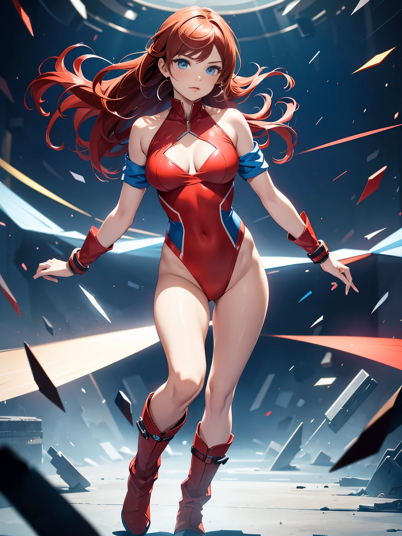 1girl, medium breasts, leotard, red leotard with blue accents, bare legs, boots, matching boots, bracelets, spins fast in place like a tornado, solo, single, standing, full body shot, cowboy shot, beautiful detailed eyes, blue eyes, mature lady, red hair, medium hair, superhero, time warp, spread arms, magic, rapid gyration, super spin