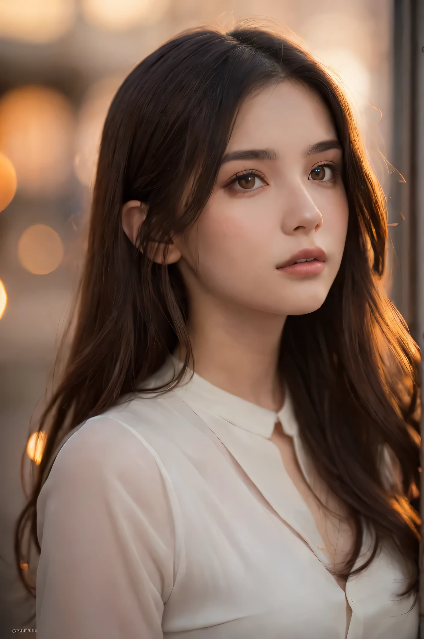 (best quality), (ultra-detailed), (llustration), (detailed light), (an extremely delicate and beautiful), 1ung girl, long hair, brown hair, brown eyes, model, Enchanting, Sublime, Ethereal, Sorrow, confusion, best quality, fantastic, extremely detailed CG unified 8k wallpaper, High-definition raw color photos, professional photograpy, (((Bokeh))), twilight, Golden hour, Backlighting, depth of fields,