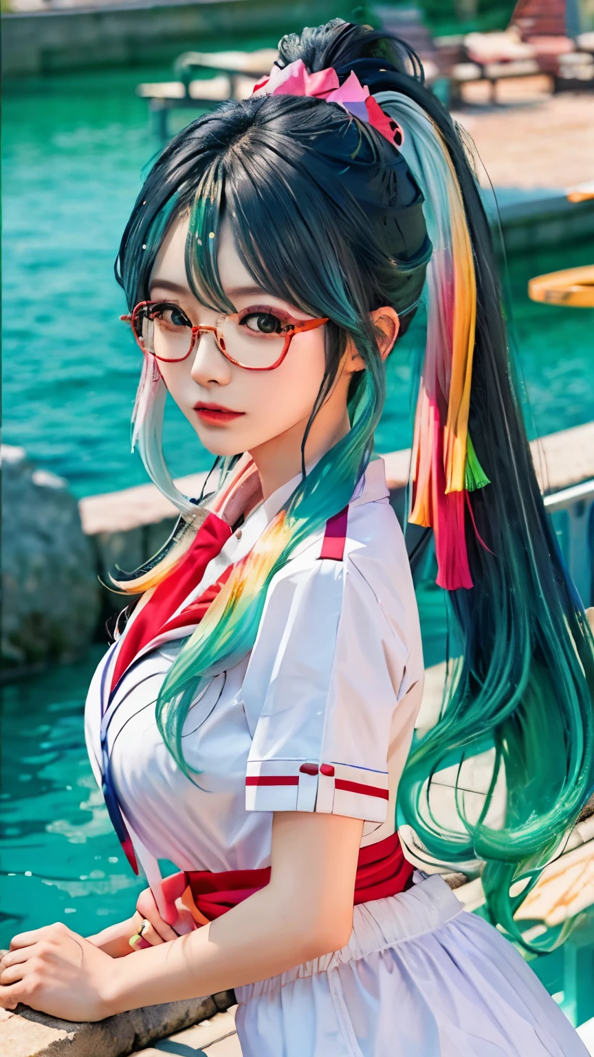 white sailor suit, 浅green眼睛，colored hair（Gray-black、green、pink）， Long ponytail，Good-looking hair accessories，浅green眼睛，red glasses，Red Half-rimmed Glasses，huge ，solid color background（rainbow，colorful，Splash），((top quality, 8k, masterpiece)), above waist