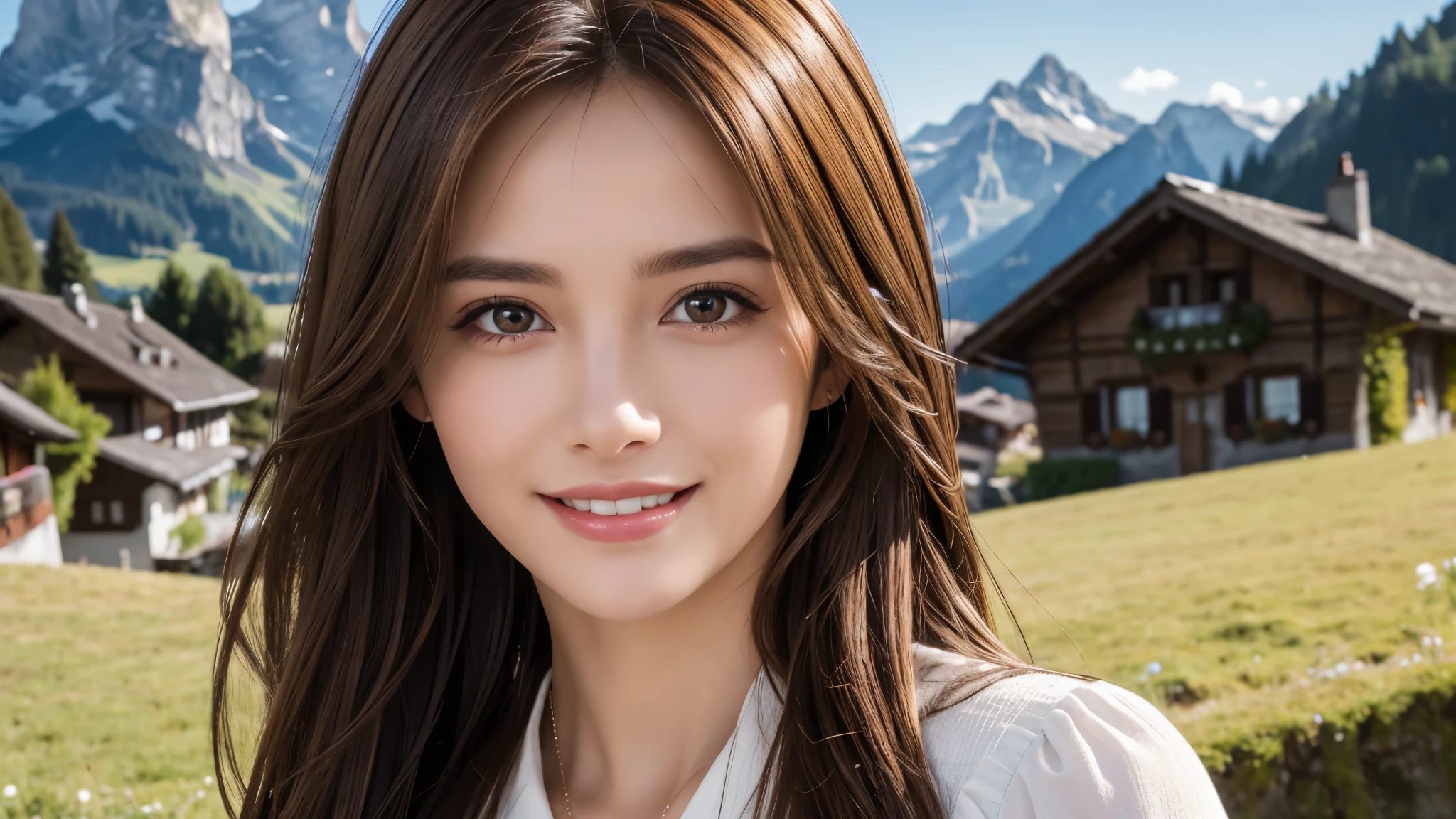 masterpiece, Best Quality, Photorealistic, Ultra-detailed, finely detailed, High resolution, 8K Wallpaper, 1 beautiful woman, light brown hair, foco nítido, Perfect dynamic composition, Beautiful detailed eyes, detailed hairs, Detailed realistic skin texture, Smiling, portrait, Model body type, The background is the village of Grindelwald, Switzerland,
