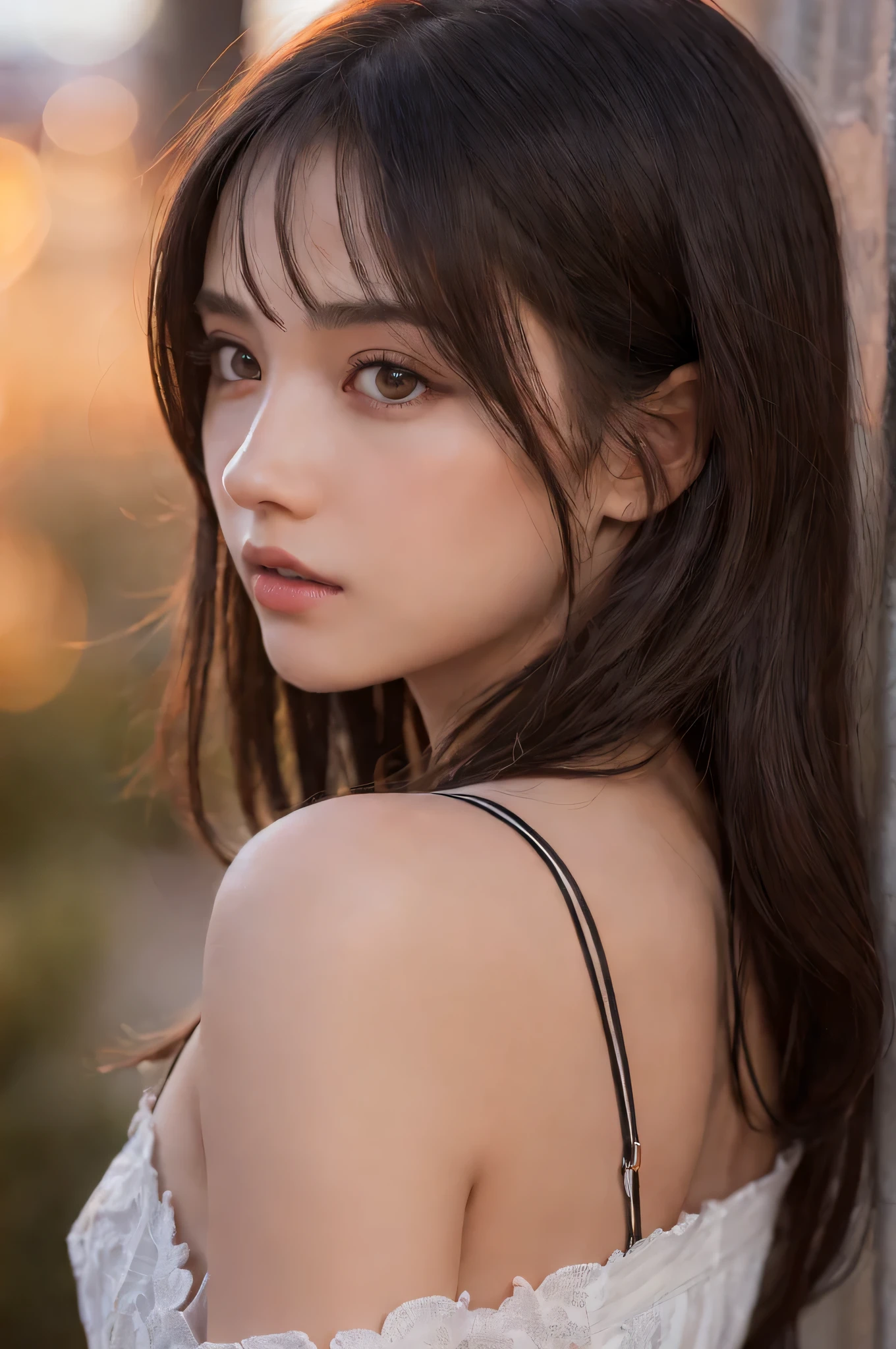(best quality), (ultra-detailed), (llustration), (detailed light), (an extremely delicate and beautiful), 1ung girl, long hair, brown hair, brown eyes, model, Enchanting, Sublime, Ethereal, Sorrow, confusion, best quality, fantastic, extremely detailed CG unified 8k wallpaper, High-definition raw color photos, professional photograpy, (((Bokeh))), twilight, Golden hour, Backlighting, depth of fields,