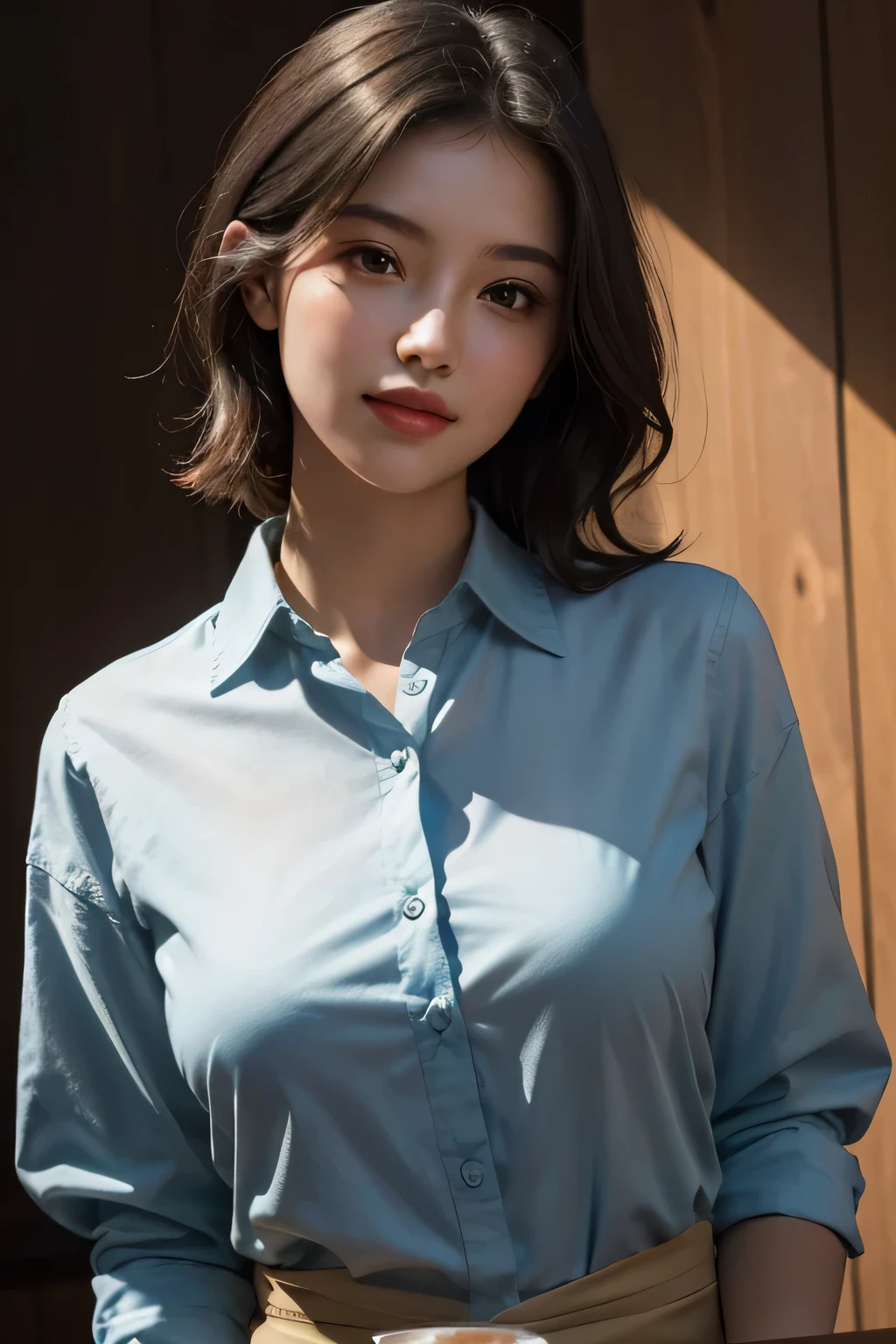 (best quality,masterpiece:1.2),(photorealistic:1.4),1girl,light smile,shirt with collars,waist up,dramatic lighting,from below,setting in the Starbucks cafe,soft-focus foreground,starbucks logo,arm leaning on the table,some sunbeam filter through the glass window,floral wallpaper,wooden table,dark wooden chair,reflections on the table,golden hour lighting,casual and relaxed atmosphere,a hint of sunlight illuminates the girl's face,beautiful detailed eyes,beautiful detailed lips,longeyelashes,reflection of sunlight in the girl's eyes,well-blended eyeshadow,soft blush on cheeks,warm color tone,slight haze effect,artistic rendering,studio lighting,finely textured hair,subtle strands of hair illuminated by the light,sunlight filtering through the transparent cup,hand holding a cup of coffee,delicate coffee foam,freshly brewed coffee aroma,rays of sunlight shining through the window onto the table,serene and calm expression on the girl's face,peaceful ambience,and a cozy environment.