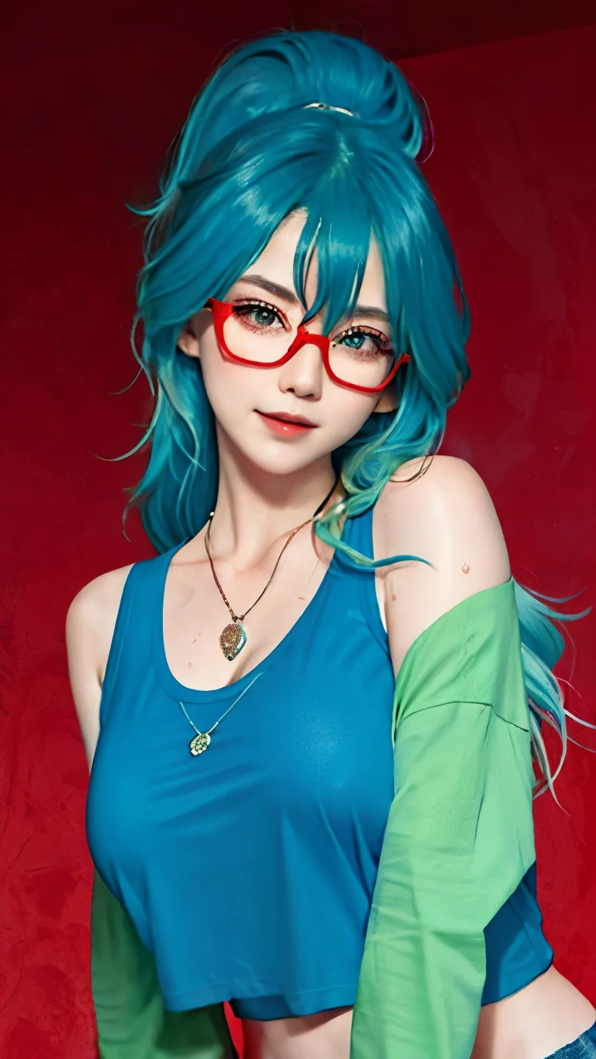 1 girl, Heart-shaped pupils, nail, grey-blue hair and green hair, Long ponytail, light green eyes,red glasses，Red Half-rimmed Glasses， (blush:1.1), necklace, Upper body, trembling, Sweat, 滴Sweat水, Heart, (medium breasts:0.6), like, Heart, crop top, Cheerful, Smile,  lace, Bokeh, (freckle:0.8), natural skin texture, portrait, (Red_background:1.3),