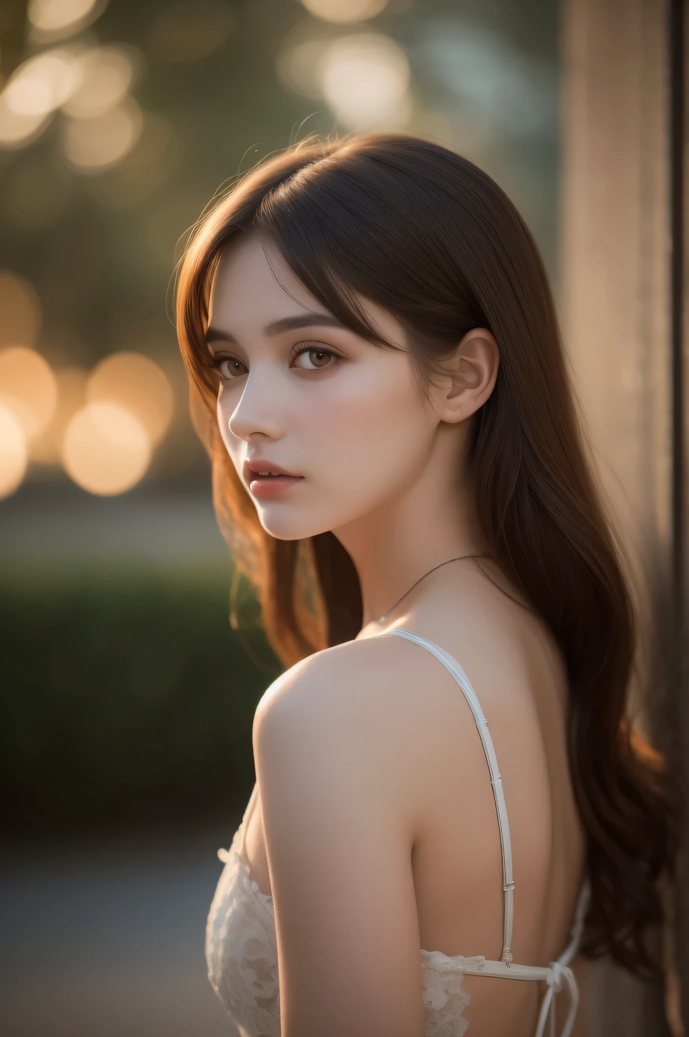 (best quality), (ultra-detailed), (llustration), (detailed light), (an extremely delicate and beautiful), 1ung girl, long hair, brown hair, brown eyes, model, Enchanting, Sublime, Ethereal, Sorrow, confusion, best quality, fantastic, extremely detailed CG unified 8k wallpaper, High-definition raw color photos, professional photograpy, (((Bokeh))), twilight, Golden hour, Backlighting, depth of fields,
