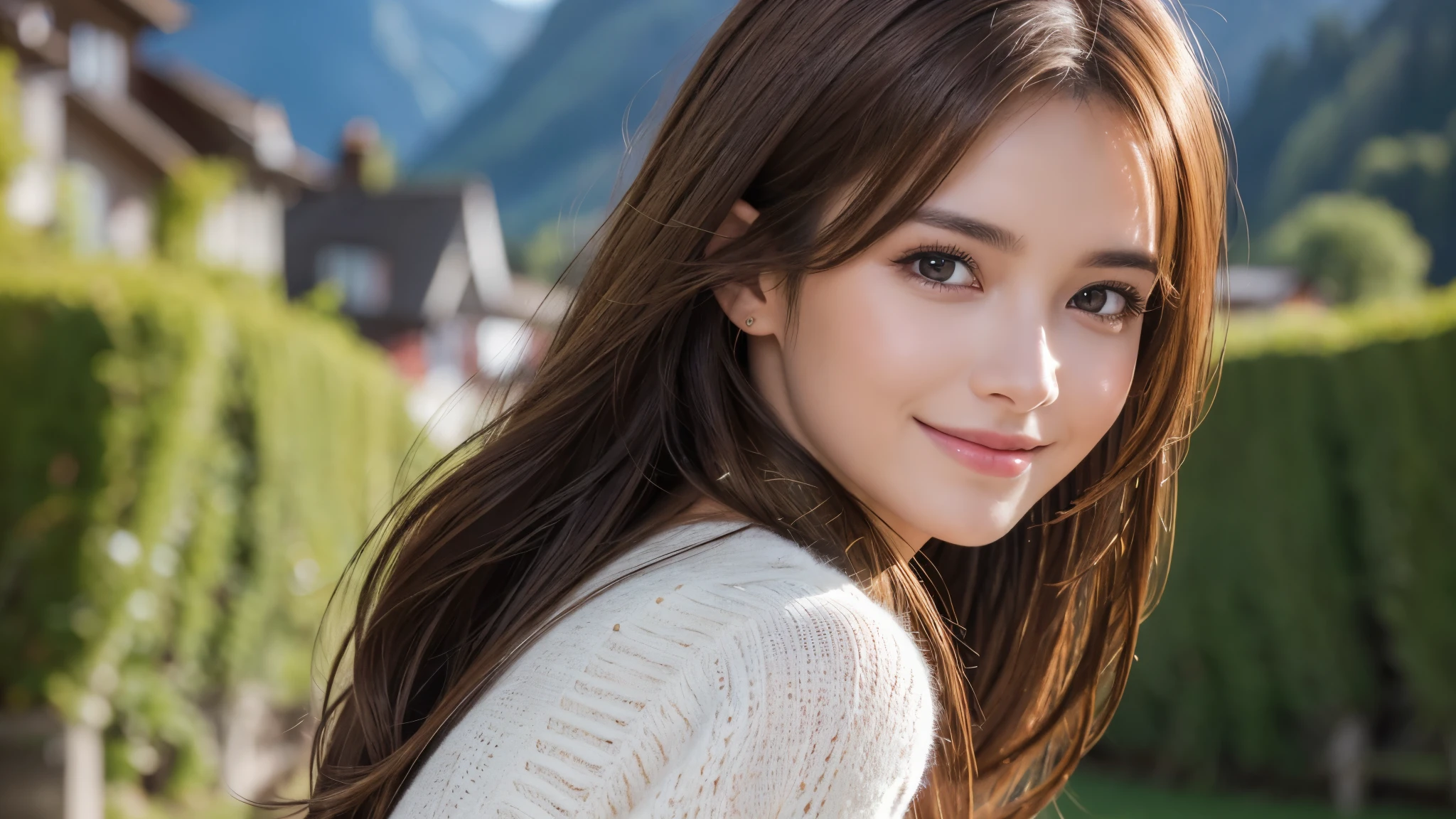 masterpiece, Best Quality, Photorealistic, Ultra-detailed, finely detailed, High resolution, 8K Wallpaper, 1 beautiful woman, light brown hair, foco nítido, Perfect dynamic composition, Beautiful detailed eyes, detailed hairs, Detailed realistic skin texture, Smiling, portrait, Model body type, The background is the village of Grindelwald, Switzerland,