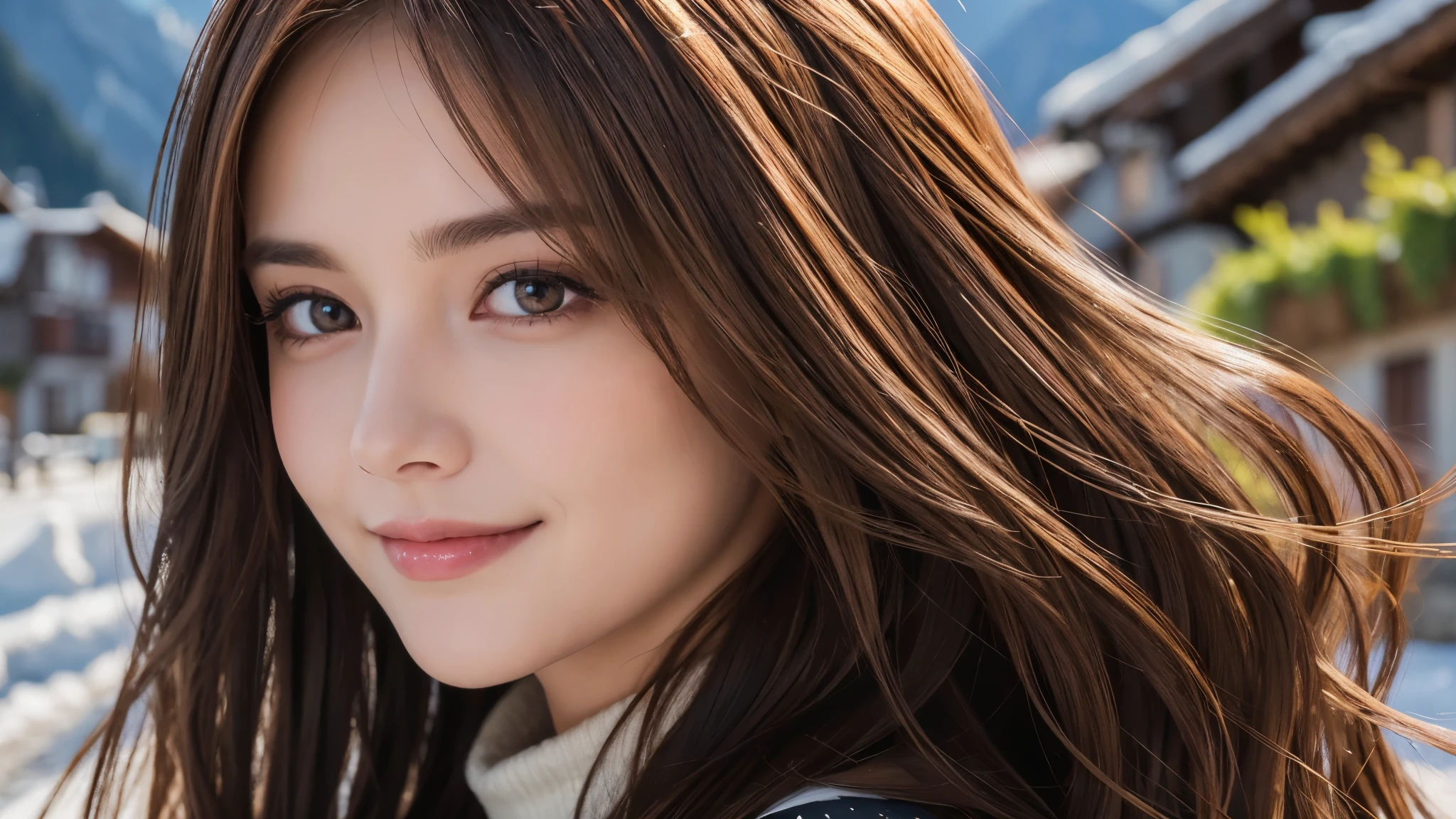 masterpiece, Best Quality, Photorealistic, Ultra-detailed, finely detailed, High resolution, 8K Wallpaper, 1 beautiful woman, light brown hair, foco nítido, Perfect dynamic composition, Beautiful detailed eyes, detailed hairs, Detailed realistic skin texture, Smiling, portrait, Model body type, The background is the village of Grindelwald, Switzerland,