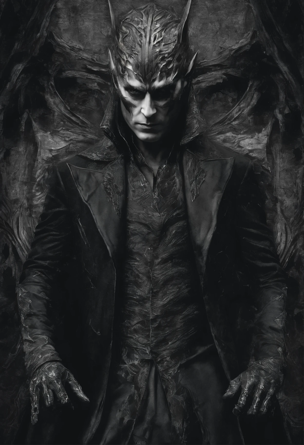 Loki Male, Inspired by Tom Hiddleston whose face was transformed into a werewolf with special makeup. Perfect focus, (Franco) de Donnie, standing, abstract beauty, centered, looking at camera, facing camera, perfectly close, sad, despair, full body, dynamic, highly detailed, smooth, sharp focus, in 8K, high res, illustration, art by Carne Griffith and Wadim Kassin, Black background