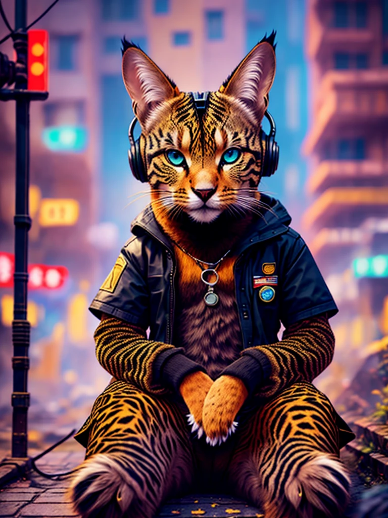 An anthropomorphic black cat with headphones and a jacket is sitting in the middle of a road, Cyberpunk and post-Soviet modernism-themed style. Close view, neon lights., Pop art, Pixar, Three-sided view, UHD, anatomicamente correto, pele texturizada, super detalhe, alta qualidade, 4K