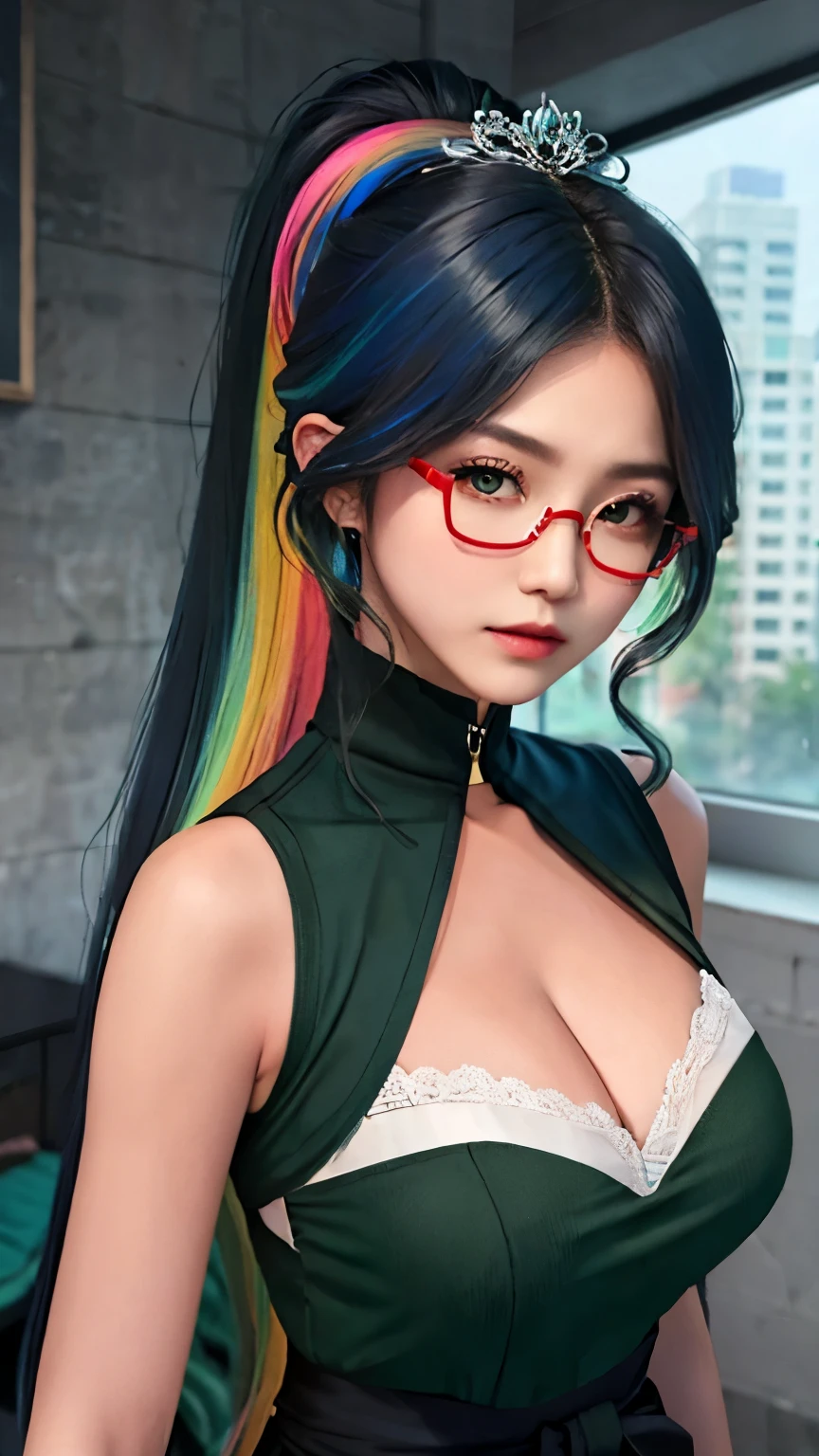 white sailor suit, 浅green眼睛,colored hair(Gray-black、green、pink), Long ponytail,Good-looking hair accessories,浅green眼睛,red glasses,Red Half-rimmed Glasses,huge ,solid color background(rainbow,colorful,Splash),((top quality, 8k, masterpiece)), above waist