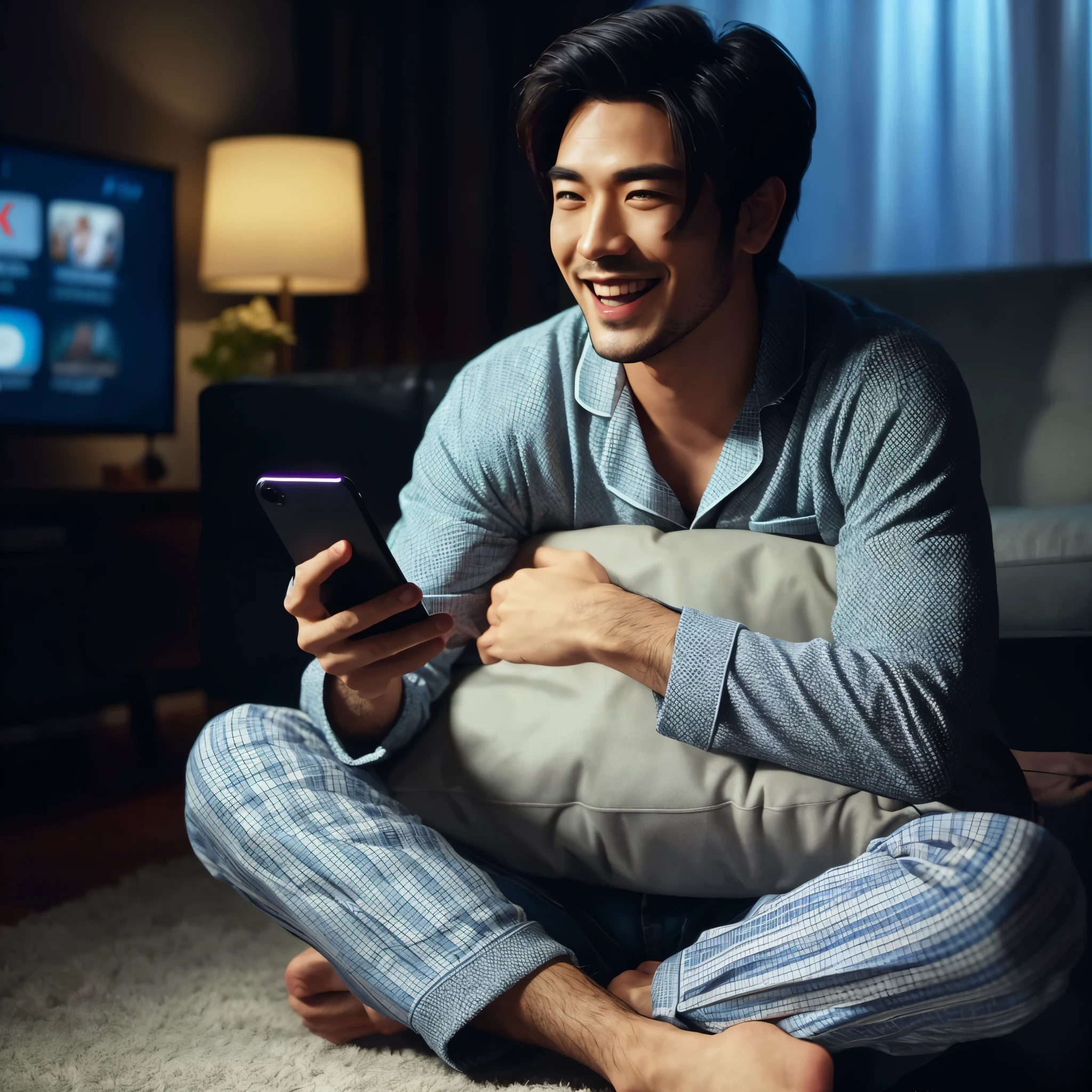 araffe man sitting on the floor with a cell phone in his hand, watching tv, asian male, looking at his phone, movie promotional image, tv commercial, attractive man, fanart, portrait shot, relaxing, comfortable atmosphere, cinematic feeling, vibrant atmosphere, netflix, trending on 8k, tv still, late night, late evening, serene smile, laughing man