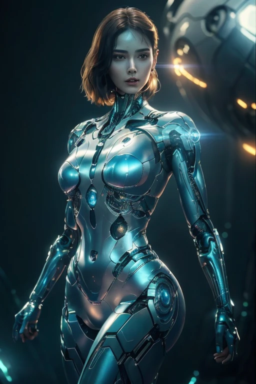 A spectral-beautiful woman with a full body Portrait, analyzed in the Blade Runner Style of a cyborg female, stands dramatically against an Alien Planet background. The scene is accentuated by a shinny spaceship with a glowing spacecraft hovering in the distance. Her perfectly detailed eyes gleam with an otherworldly radiance, showcasing an athletic body with intricate facial features. Each line and curve of her figure is highly detailed, demonstrating a perfect body and perfect face with highly defined contours. (perfect body: 1.5, realistic: 1.4, perfect face: 1.7)