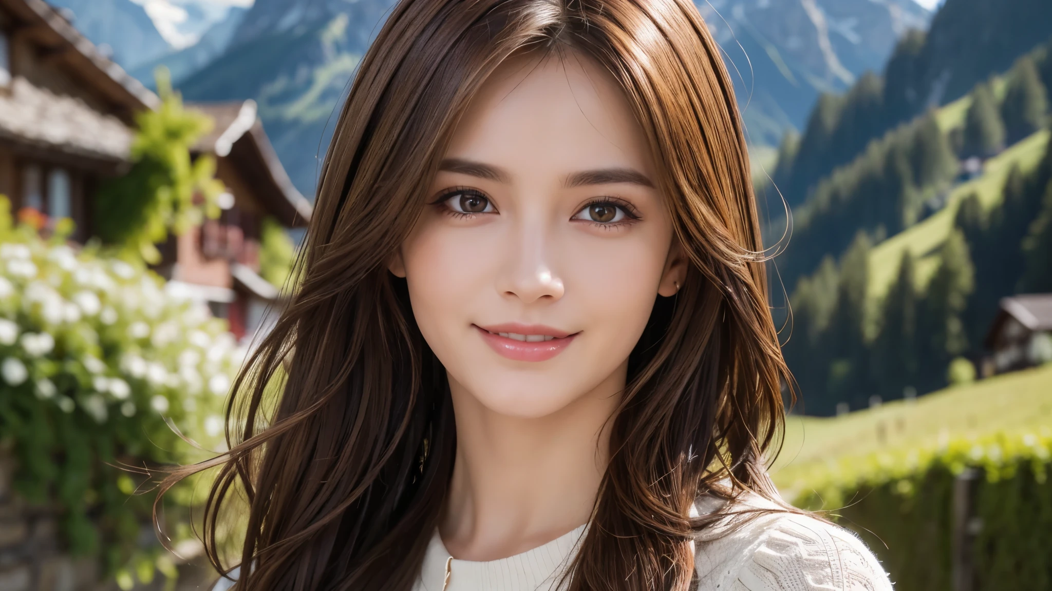 masterpiece, Best Quality, Photorealistic, Ultra-detailed, finely detailed, High resolution, 8K Wallpaper, 1 beautiful woman, light brown hair, foco nítido, Perfect dynamic composition, Beautiful detailed eyes, detailed hairs, Detailed realistic skin texture, Smiling, portrait, Model body type, The background is the village of Grindelwald, Switzerland,