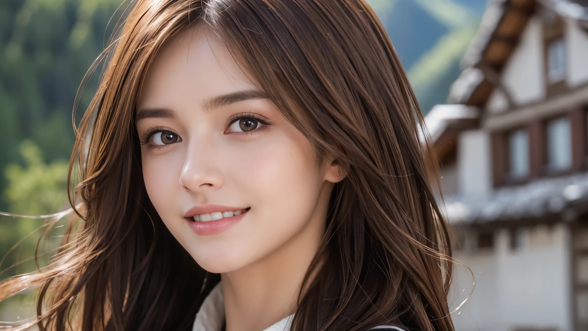 masterpiece, Best Quality, Photorealistic, Ultra-detailed, finely detailed, High resolution, 8K Wallpaper, 1 beautiful woman, light brown hair, foco nítido, Perfect dynamic composition, Beautiful detailed eyes, detailed hairs, Detailed realistic skin texture, Smiling, portrait, Model body type, The background is the village of Grindelwald, Switzerland,