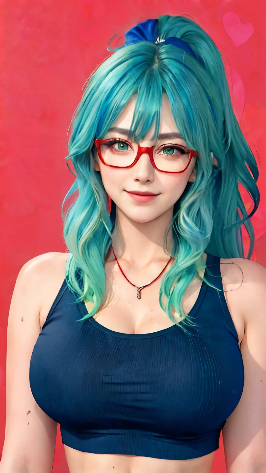 1 girl, Heart-shaped pupils, nail, grey-blue hair and green hair, Long ponytail, light green eyes,red glasses,Red Half-rimmed Glasses, (blush:1.1), necklace, Upper body, trembling, Sweat, 滴Sweat水, Heart, (medium breasts:0.6), like, Heart, crop top, Cheerful, Smile, lace, Bokeh, (freckle:0.8), natural skin texture, portrait, (Colorful_background:1.3),