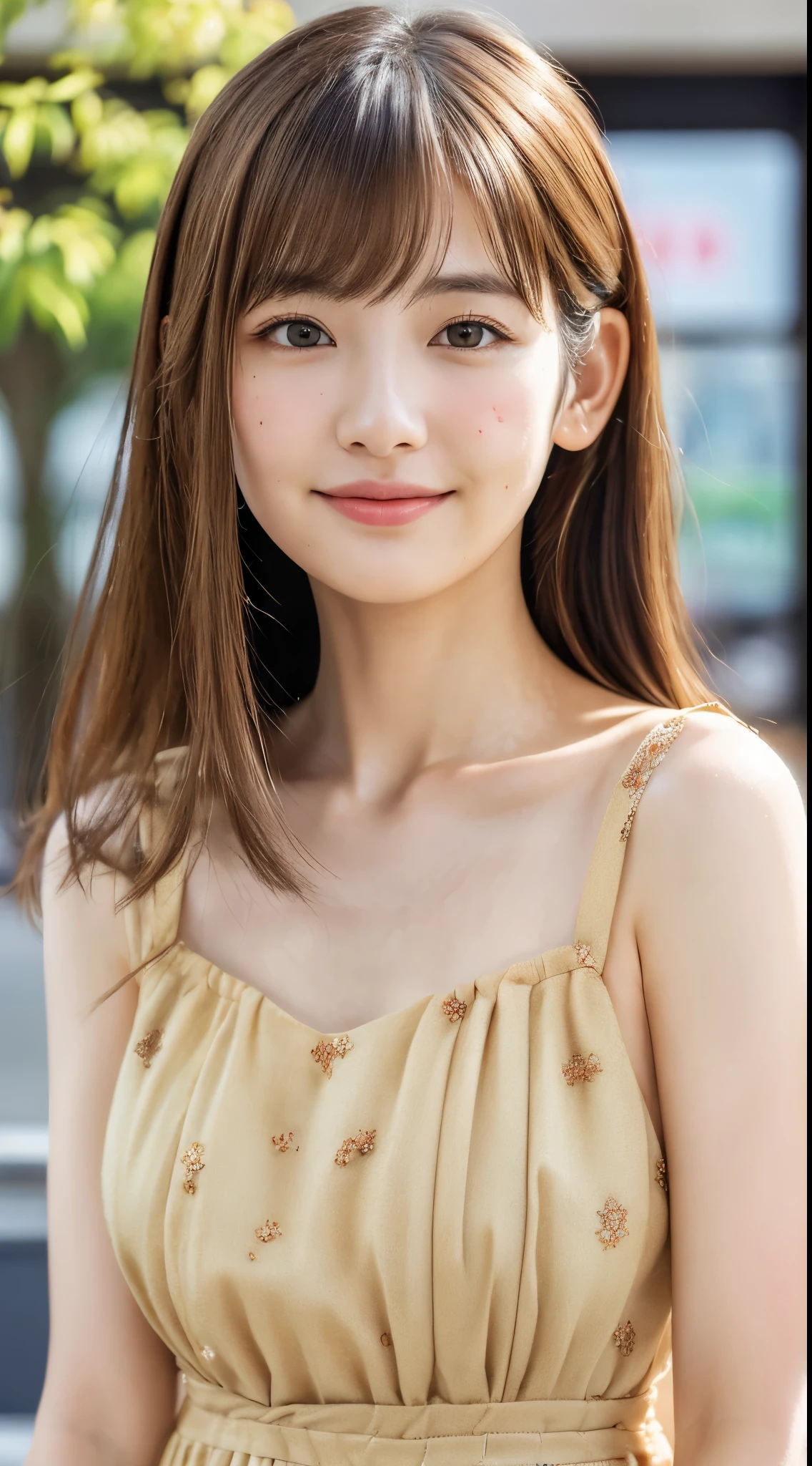 (masutepiece:1.3), High resolution, ultra-detailliert, the Extremely Detailed CG Unity 8K Wallpapers, Realistic, Photorealsitic, Raw photo, beautifull detailed face, pale skin, Realistic glitter skin, Detailed Cloth Texture, detailed hair texture, Beautiful face, acurate, Anatomically correct, Highly detailed facial and skin texture, Natural neck length, (Beautiful hands), (Fair skin:1.2), 独奏、Brown hair、｟Wavy Hair｠、With bangs、Japan Female,17 years old、A detailed eye, symmetrical eye,Harajuku、Cute realistic photos、｟smile1.6｠、cafeteria、selfee