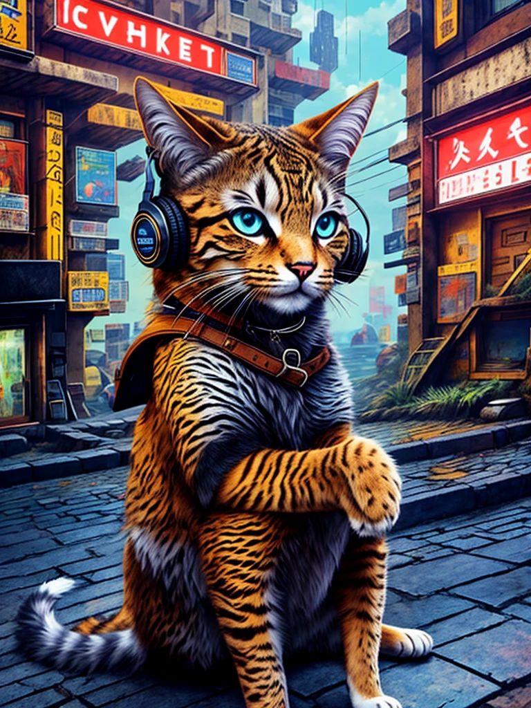 An anthropomorphic cat with headphones and a jacket is sitting in the middle of a road, Cyberpunk and post-Soviet modernism-themed style. Close view, neon lights., Pop art, Pixar, Three-sided view, UHD, anatomicamente correto, pele texturizada, super detalhe, alta qualidade, 4K