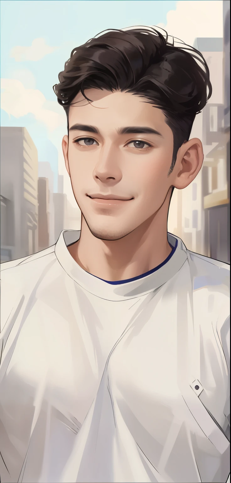 masterpiece, best quality, realistic, 1man, mature male, tall muscular, handsome, smile, closed mouth, portrait, extremely detailed face, casual clothes