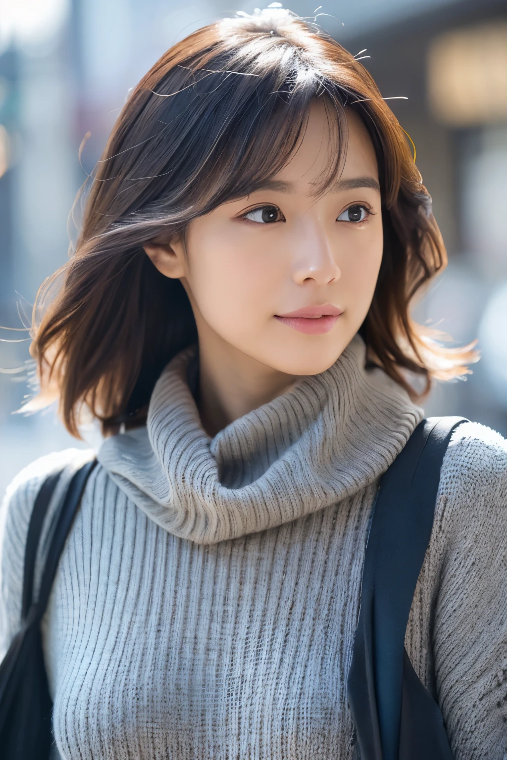 (Turtleneck knitwear、Shoulder bag)、(top-quality,masterpiece:1.3,超A high resolution,),(ultra-detailliert,Caustics),(Photorealsitic:1.4,RAW shooting,)Ultra-realistic capture,A highly detailed,high-definition16Kfor human skin、 Skin texture is natural、、The skin looks healthy with an even tone、 Use natural light and color,One Woman,japanes,,kawaii,A dark-haired,Middle hair,(depth of fields、chromatic abberation、、Wide range of lighting、Natural Shading、)、(Hair swaying in the wind:1.2)、Streets of Tokyo