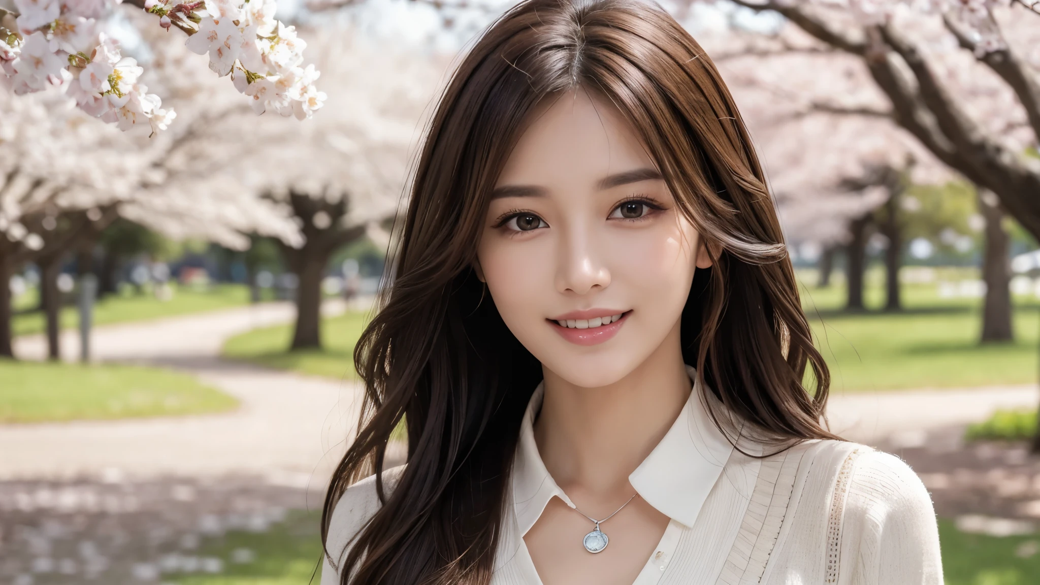masterpiece, Best Quality, Photorealistic, Ultra-detailed, finely detailed, High resolution, 8K Wallpaper, 1 beautiful woman, light brown messy hair, foco nítido, Perfect dynamic composition, Beautiful detailed eyes, detailed hairs, Detailed realistic skin texture, Smiling, Portrait, Model body type, Take a walk in the park with cherry blossoms,
