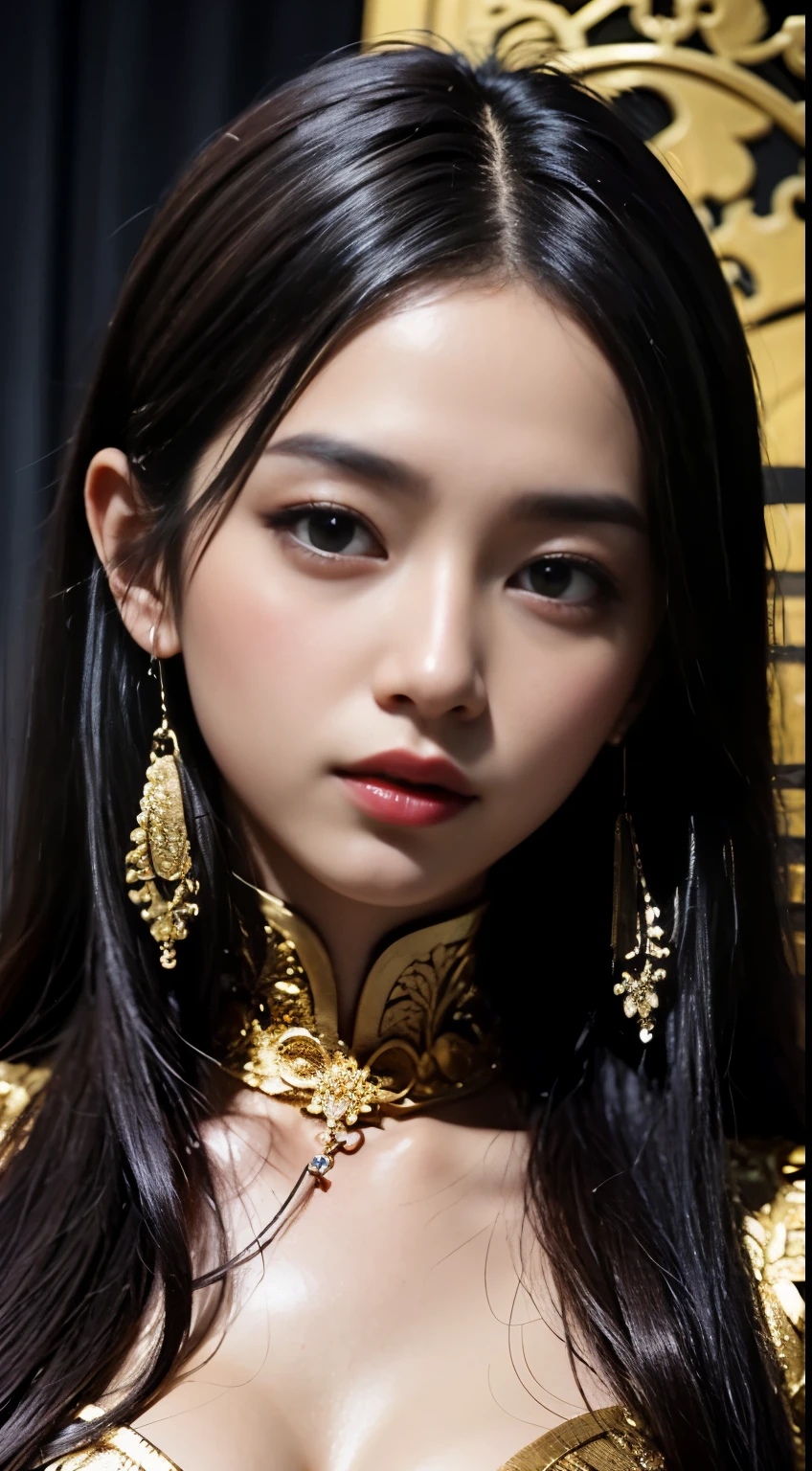 Portrait of a young 20-year-old saint, a saint with a beautiful and super cute face, Chinese doll, super cute face, holy woman wearing a combination of ao dai and thin pants with red color and yellow lace trim, beautiful face without blemishes, shut up, ((long hair seven colors rainbow:1.2)), Front bangs, long straight hair tied neatly,, hair brooch, hanfu dress, chinese ancient style, Neck and hand necklaces, small earrings, hair jewelry, hair brooches, ao dai with many meticulous motifs, forehead tattoo,Big and round breasts, The female saint's breasts are round and very full, breast augmentation, innocent face, The most beautiful and detailed light red lipstick, ((Thin plump lips:0.3)), ((Golden eyes:1.2)), The eyes are delicately decorated,(white and detailed) cinematic, light and dark, dramatic lighting, magical light, extremely detailed light, true color, super sharp, realistic, 8k quality, fantasy universe background, saints and magical space, the most detailed images, Solo, a saintess, ((looking directly at the saint's upper body:0.4)), ((smooth skin:0.5)), Extremely detailed pixels, super true, extremely detailed and complex graphics, the highest resolution, close-up portrait,