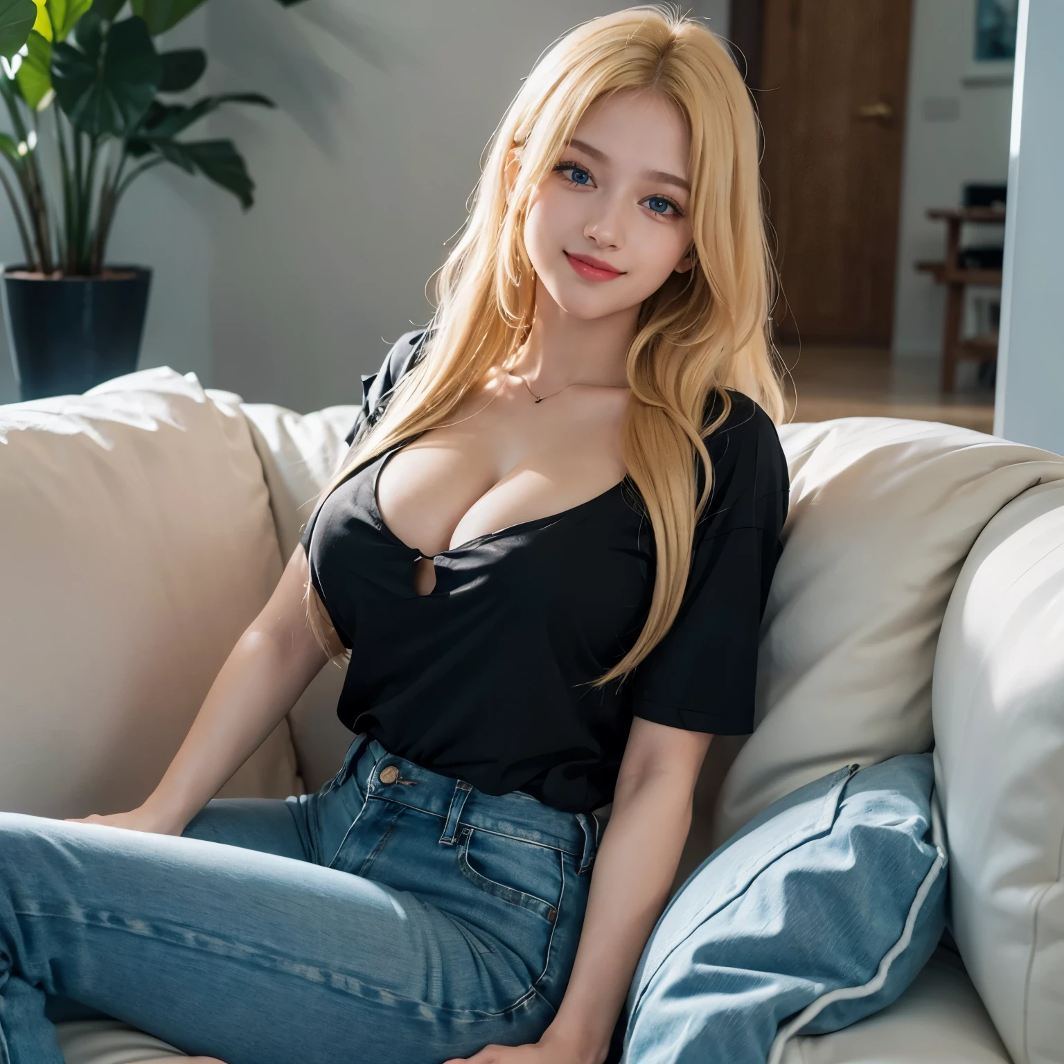 1girl, (Blue Eyes), (smiling :1.2), (Sana Minatozaki), (sitting, one leg over the other :1.3), (wide hips), (Big ), big ass, (Best Quality, 8k, Masterpiece: 1.3), Clear Focus: 1.2, Perfect Body Beauty: 1.4, strong abs, Highly detailed face and skin texture, detailed eyes, double eyelids, (blonde long hair :1.2), (black cleavage t-shirt :1.3), (denim jeans), in sofa, in a living room