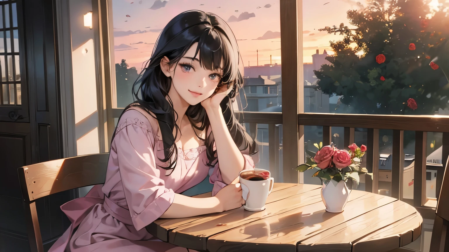 ((masterpiece)),(((bestquality))),((ultra-detailed)) realisticlying, 1 girl, Beautiful, black hair, sitting on the cafe, enjoying coffee, roses on the table,  wearing a beautiful pink dress,  solo,  The sky turns red at morning, Face smile, looking to viewer.