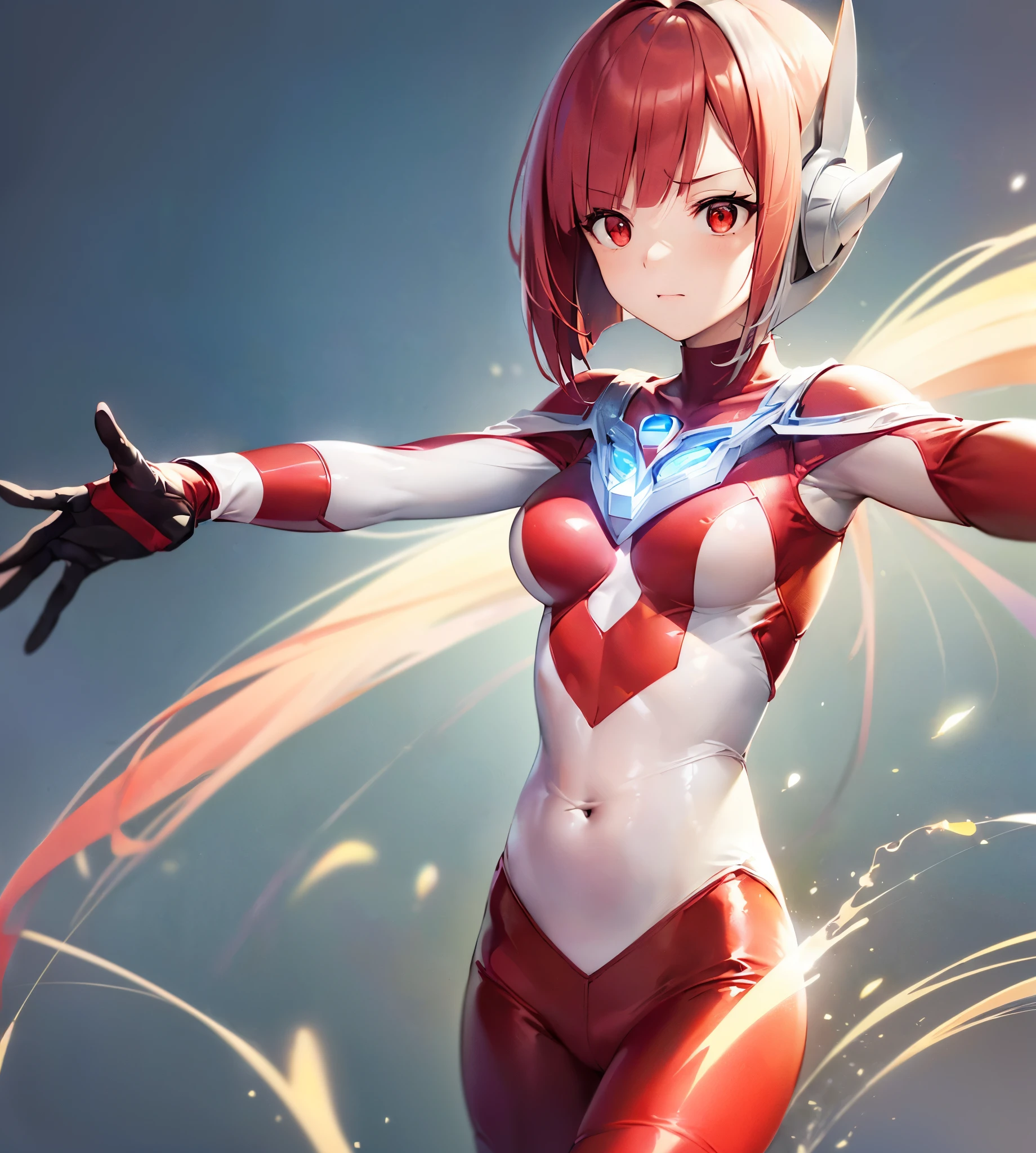 highest quality, ultra detail, High quality CG drawing, The most delicate and beautiful, Floating gently, High resolution, (1 girl), (Highest image quality,4K,8K,masterpiece:1.2),(all red hair:1.5),(short bob:1.5),(red eyes:1.5), (Ultra Girl :1.0), (silver and red ultraman bodysuit:1.4),slightly bigger breasts,Good abs,(reach out to your audience:1.3),(Upper body:1.2)