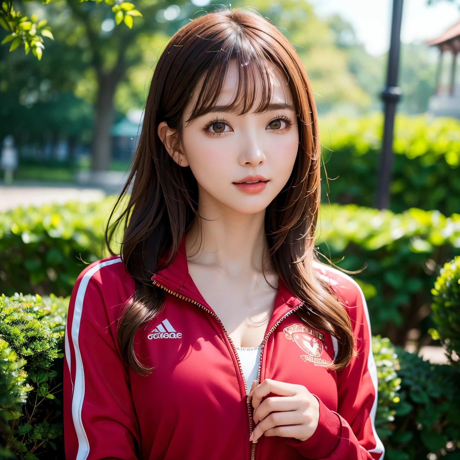 (highest quality、table top、8K、best image quality、Award-winning work)、one beautiful woman、Shining beautiful skin、(the most stylish red tracksuit:1.2)、(Opening the jersey zipper reveals a small cleavage:1.3)、(The most natural and perfect tracksuit:1.2)、Shining ultra-high definition skin、(accurate anatomy:1.2)、A gentle smile looking at me、(photo from the chest up:1.1)、(close up of face:1.05)、Standing gracefully、(Blurry park background:1.2)、portrait photography、(draw softly and smoothly:1.1)、(very bright and vivid:1.1)、very romantic、光を受けてShining beautiful skin、(very bright and refreshing:1.1)、(the most detailed and perfect face:1.1)、(most detailed glowing eyes:1.1)、(beautiful and moisturized skin:1.1)