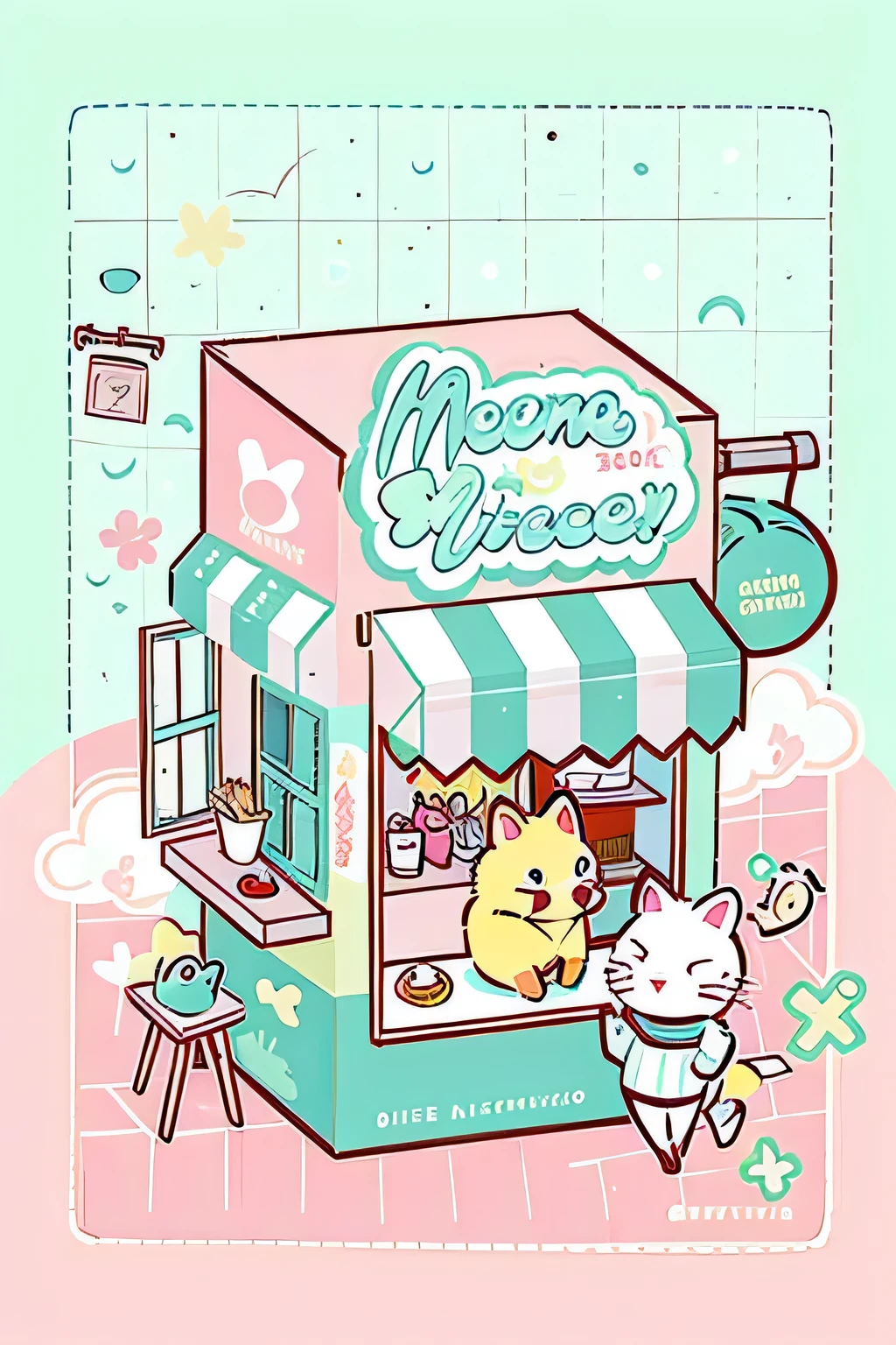Illustration of a cute cat and a dog in a store, cute bakery, Kawaii aesthetics, cute art style, Niedliche Illustration, Café for mice, Cozy Cafe Background, cute piece of art, Niedlicher Cartoon, lofi art, Designed for cozy aesthetics!, sweet detailed artwork, Japanischer Kawaii-Stil, Niedlicher Cartoon style, Lo-Fi-Illustrationsstil, Illustrations-Strichzeichnungsstil