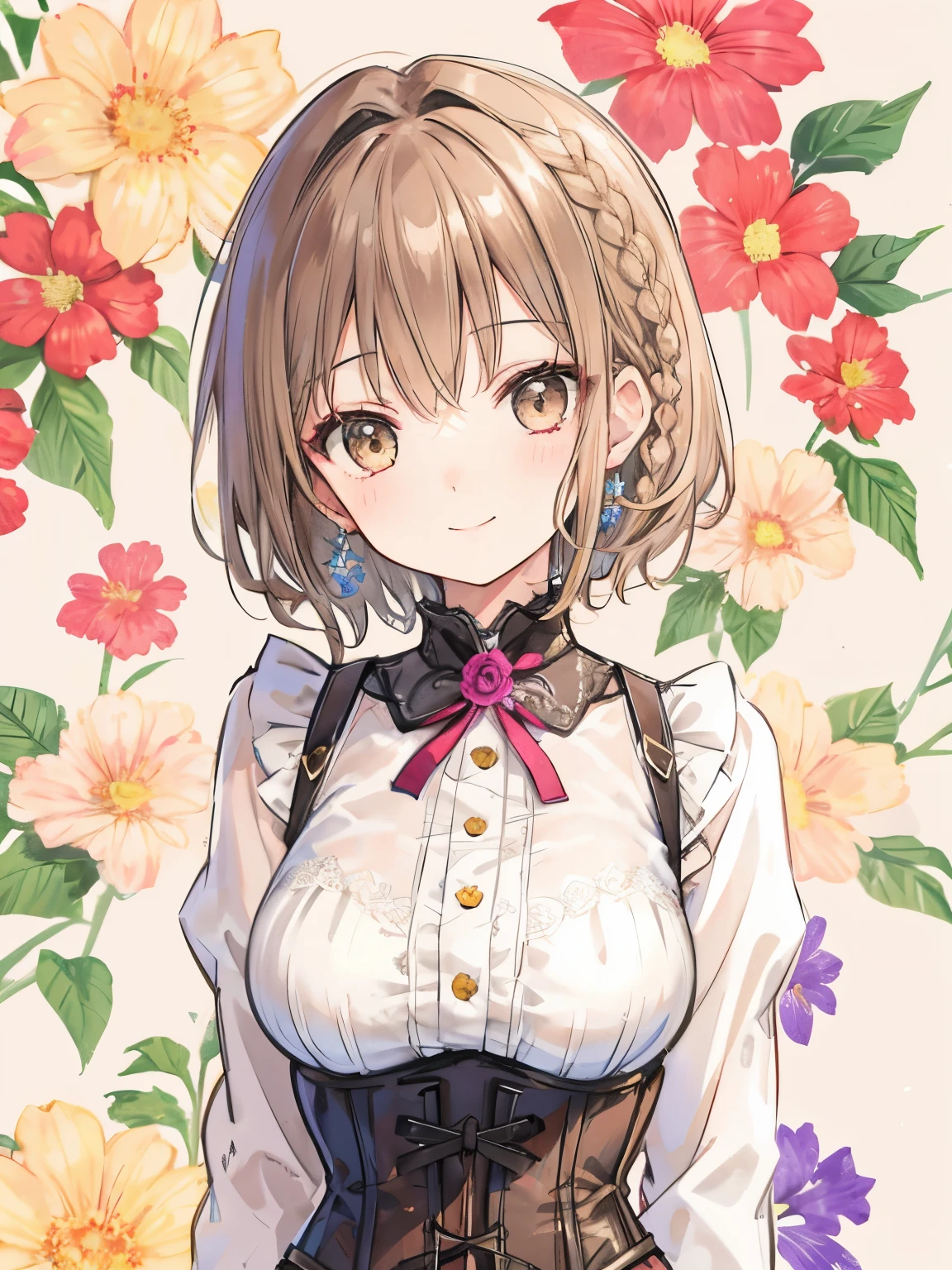 girl,(light brown hair),(short hair),(braid:1.2),((corset)),(pantyhose),big smile,cute,close up of face,(Flower background:1.3),