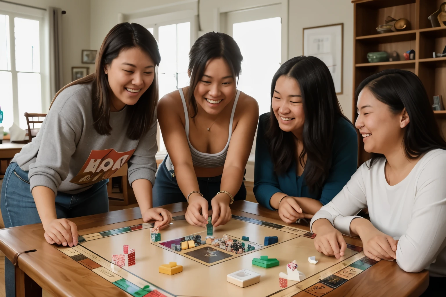 three women playing a game of monopoly on a wooden table, playing board games, playing games, board games, board games on a table, board game, tabletop gaming, casual game, strategy game, games, tabletop game board, game board, play in dnd, playing dnd, gaming, families playing, gaming table, lawther sit at table playing dnd, college