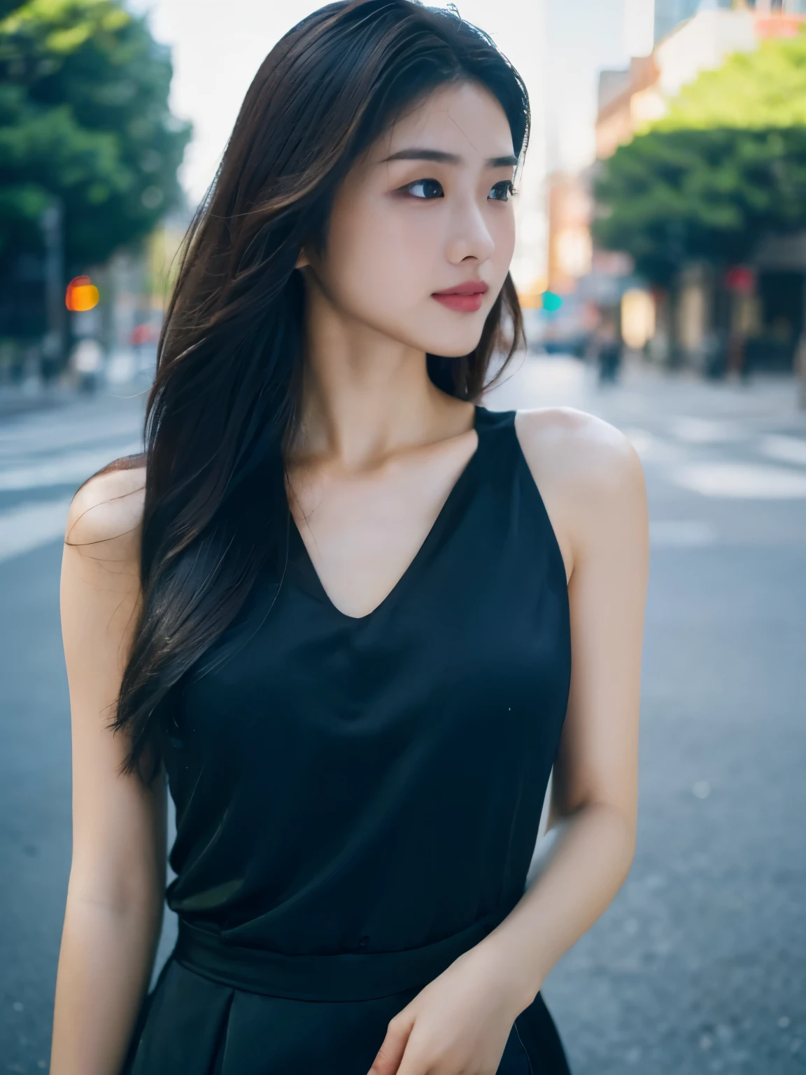 Woman posing seductive on street corner, top quality, high resolution, 8k, girl alone, outdoor, (street: 0.8), (people, crowd: 1), sleeveless dress, black dress: 1.5), gorgeous, (medium hair), (dynamic pose: 0.8), (upper body: 1.2), soft lighting, wind, glossy skin, gaze, normal chest,