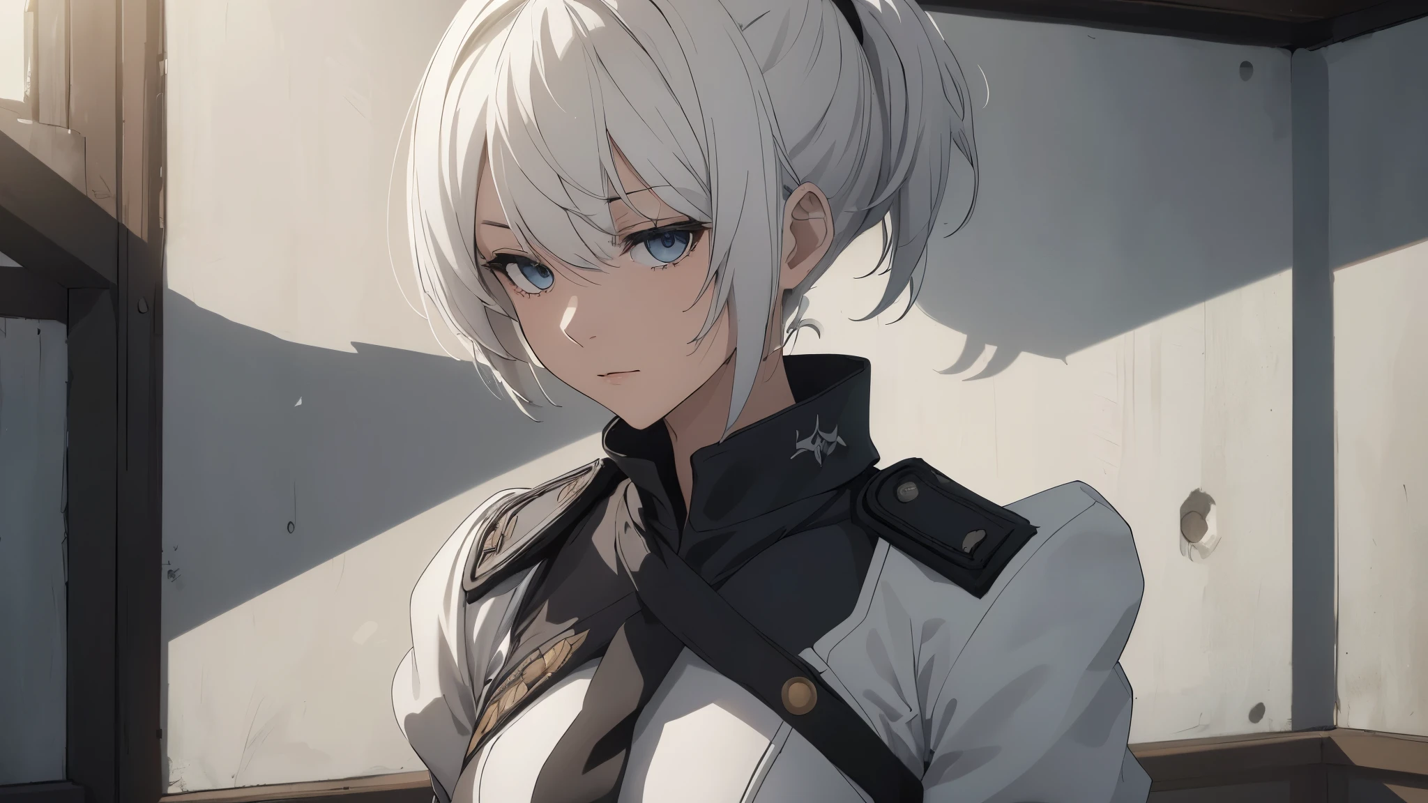 (extremely detailed CG unity 8k wallpaper), (masterpiece), (best quality), (ultra-detailed), (best illustration), (best shadow), (absurdres), 2b, 1girl, short hair, short ponytail, normal size , white hair, solo, Intimidating women, admiral uniform, night, hero pose, white clothes, General Uniform, Military Uniform, Sunlight, exposed to sunlight,commander