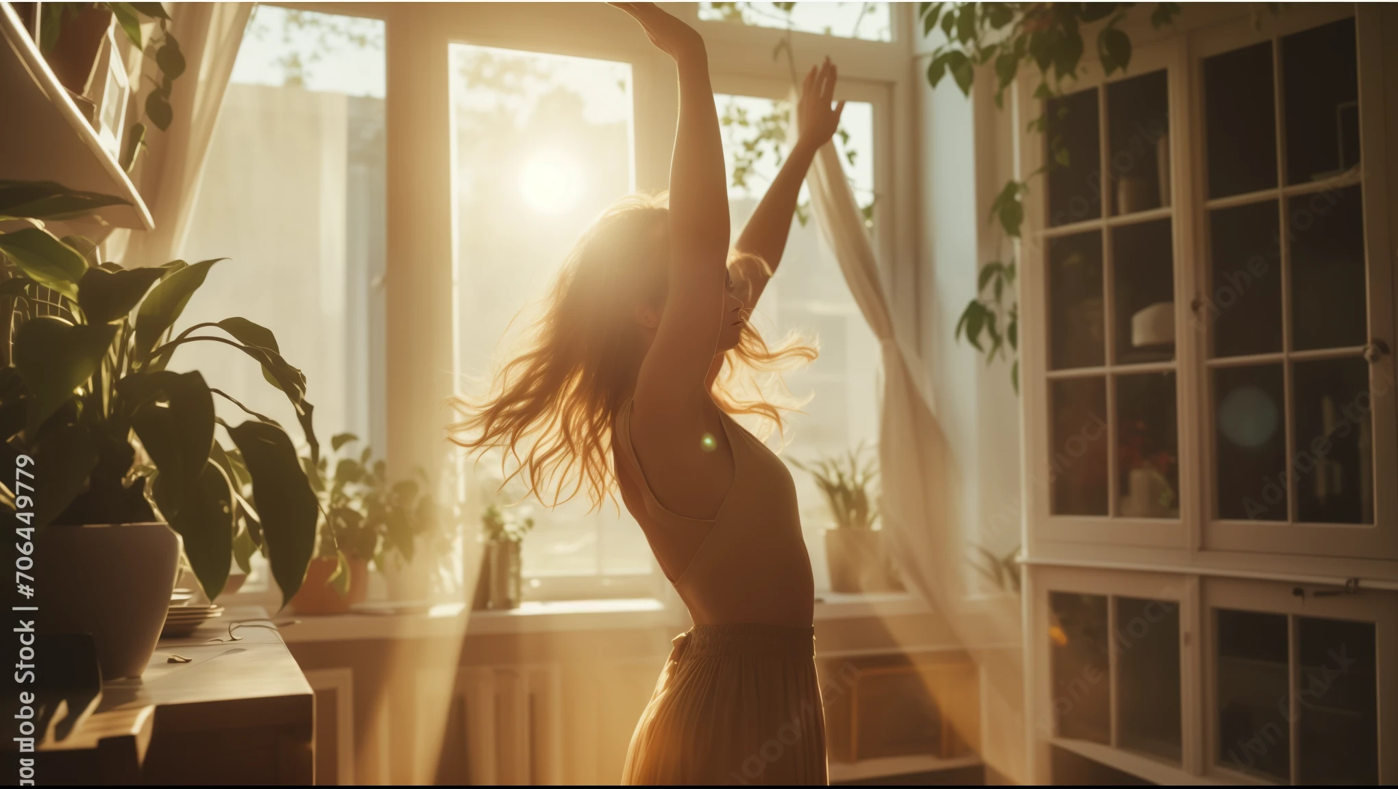 araffe woman in a dress dancing in front of a window, golden hour sunlight, summer morning light, radiant morning light, cinematic morning light, strong sunlight, praising the sun, afternoon sunlight, morning golden hour, sunshine light, sunny amber morning light, golden hour sun, in the morning light, lots of sunlight, beautiful natural light, shining golden hour, summer morning