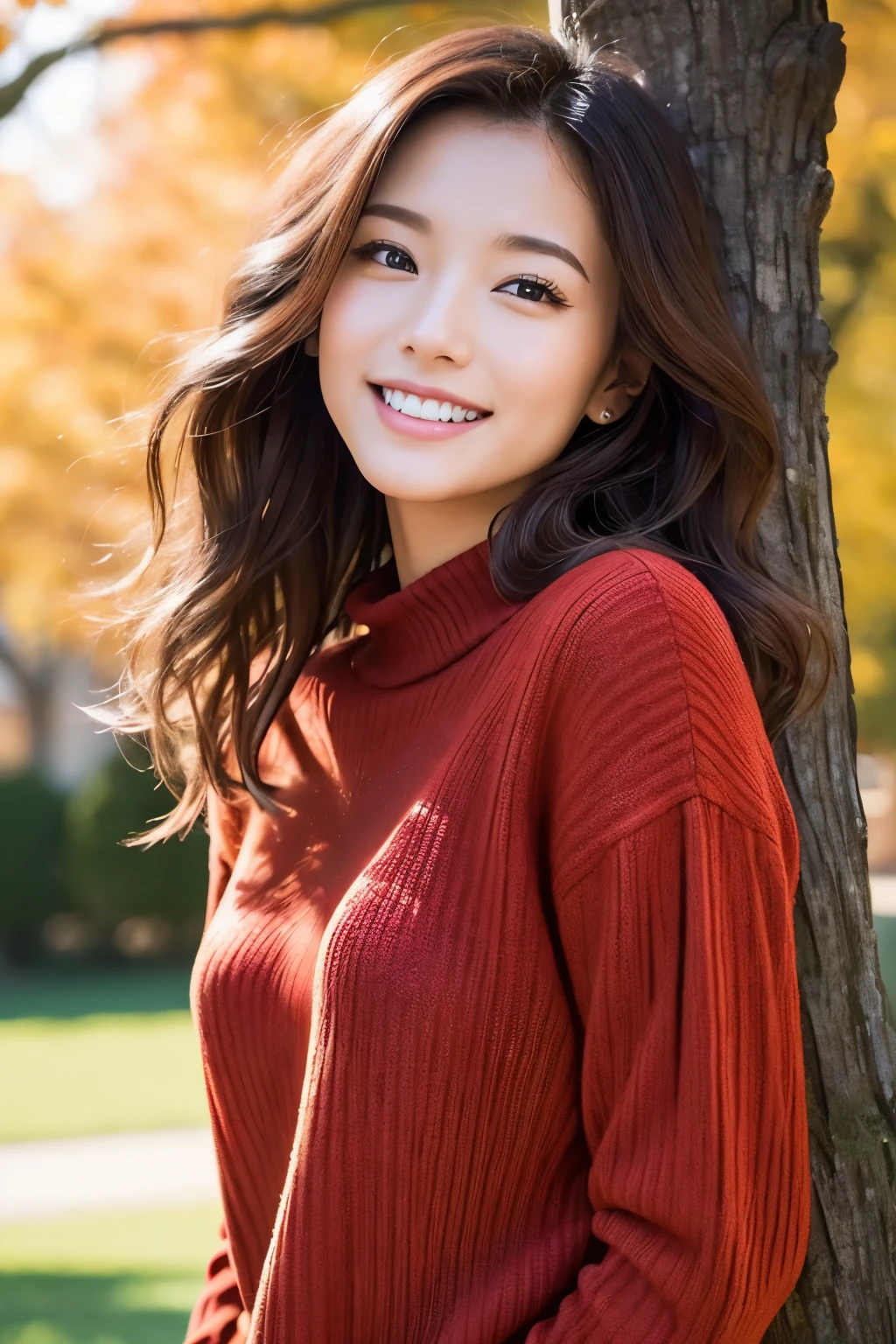 nice smile seeing this、One pretty woman、Daring Sexy Pose、a smile、18 year old girl、Cute
Under the Autumn Sky、Colorful red sweater、Medium Wavy Hair、、Natural Color Lip、
masutepiece、top-quality、illustratio、ultra-definition、Fine、hight resolution、8k wallpaper、Perfect dynamic composition、beatiful detailed eyes、Clean and correct hands、tre anatomically correct、foco nítido