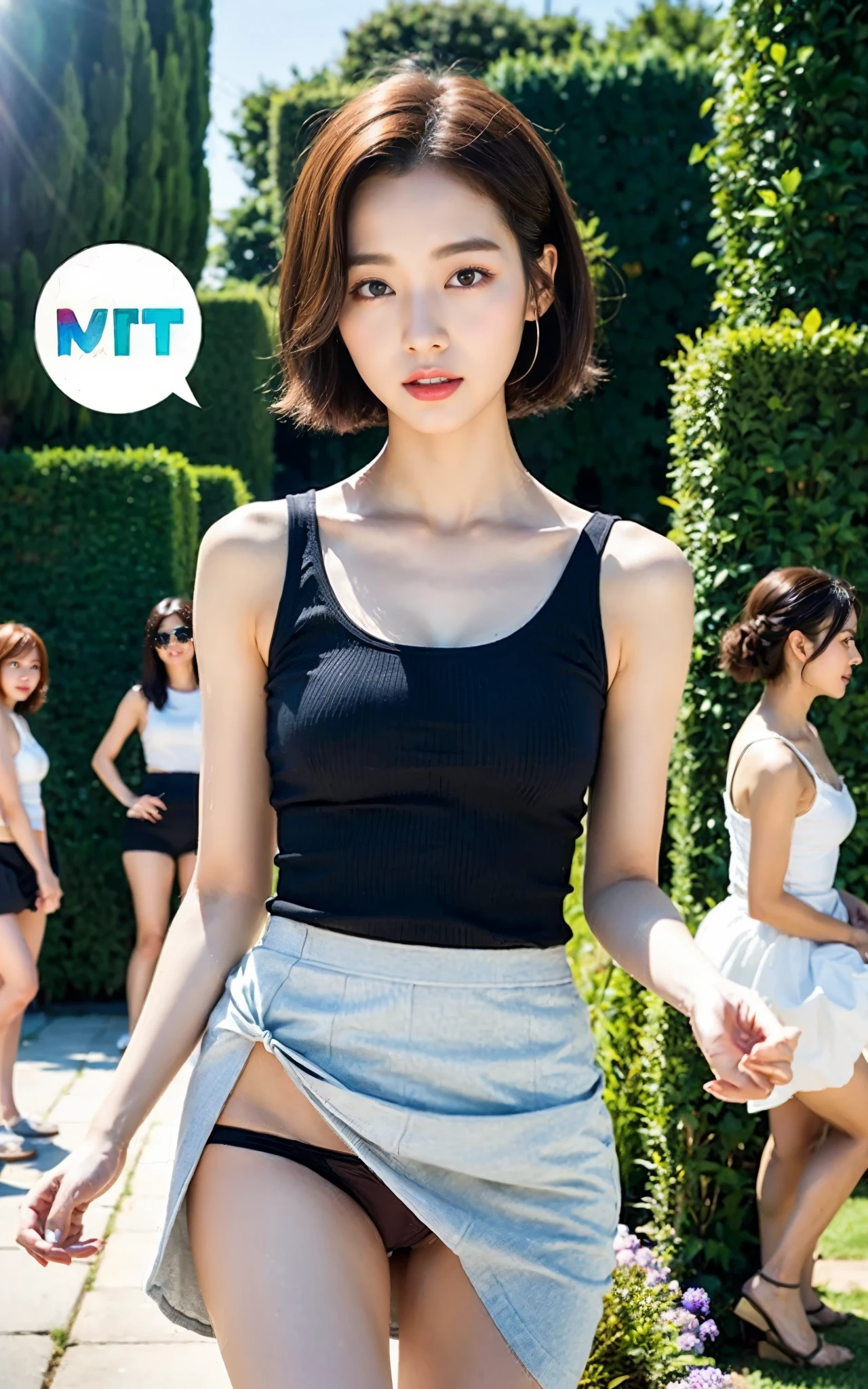 ((twist the skirt))、Logo Panty Shot、Tank top、 K-POP idol、Highly detailed white skin、beautiful woman、1 woman、30 years old、Brown short bob hair、medium breasts、perfect proportions、flower garden、(how to grab a skirt々)、(Definitely grab the skirt)、garden、sitting in a chair