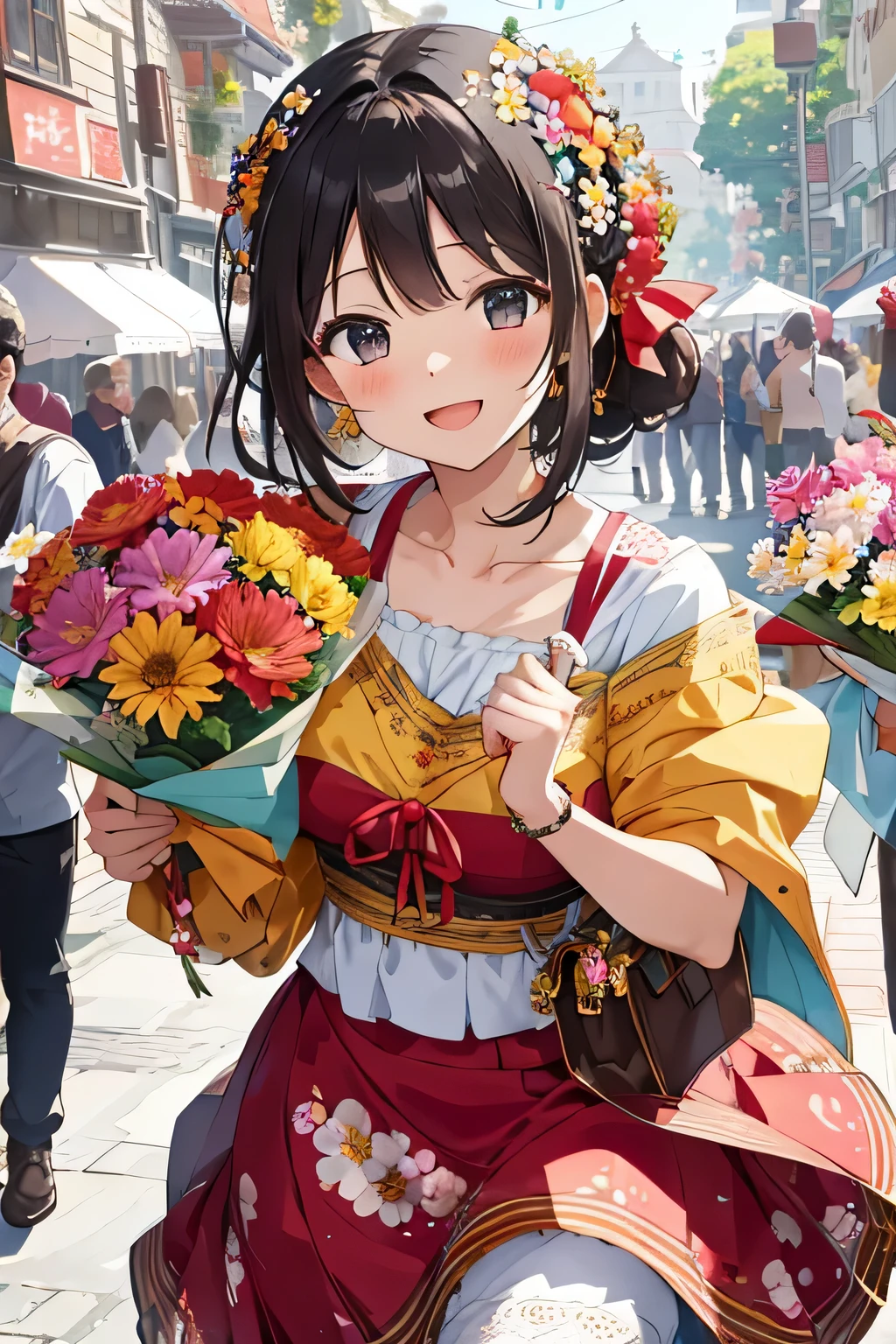 Generate a scene featuring a girl surrounded by vibrant celebration flowers, each bloom exuding joy and exuberance. Envision her amidst a colorful array of blossoms, her expression radiant and filled with delight as she embraces the festive atmosphere. Whether she's holding a bouquet of flowers or dancing among floral decorations, capture the essence of her joyful celebration and the beauty of the blooming flowers that adorn her surroundings